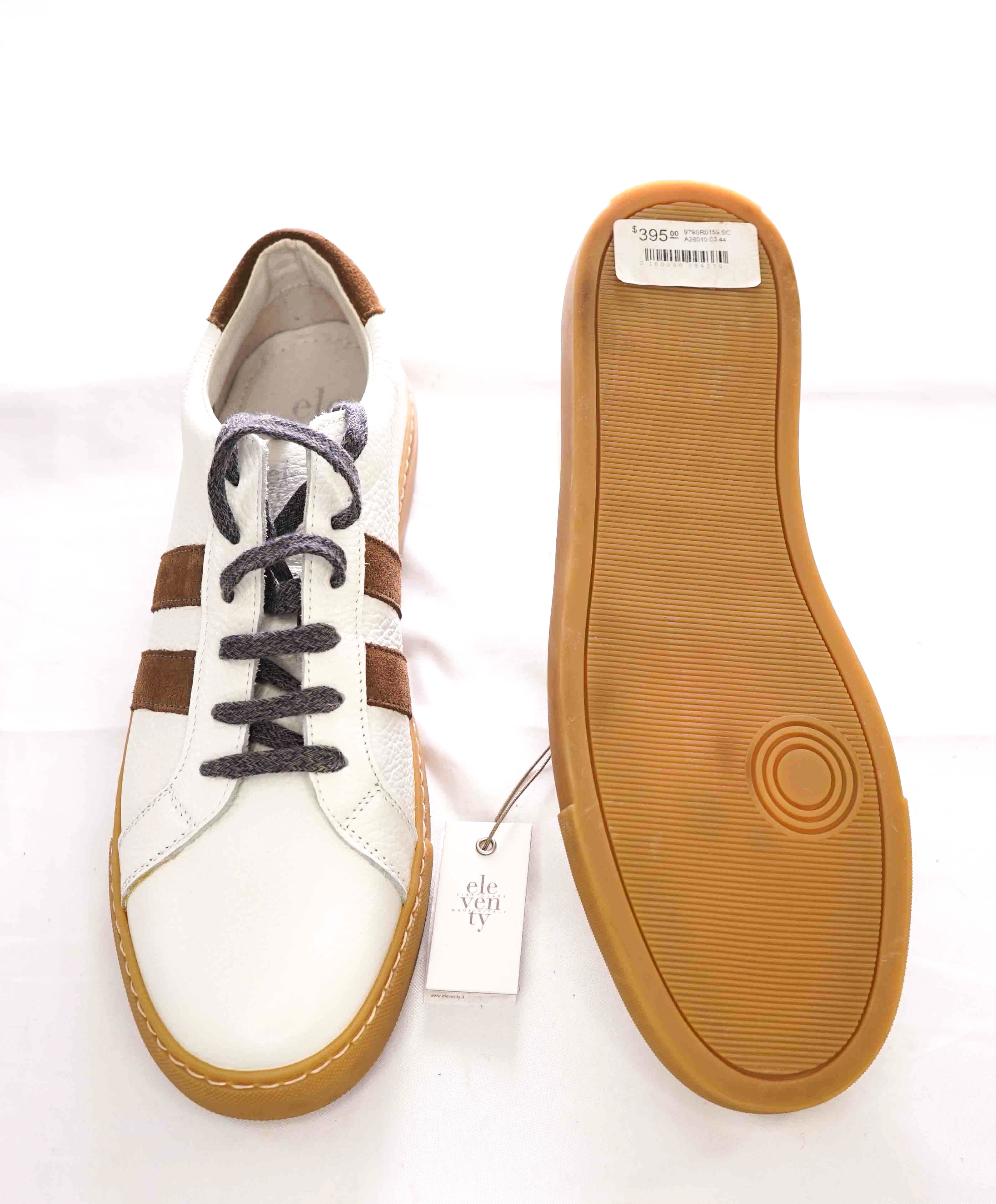 $395 ELEVENTY - Pebbled Leather Brown Suede Stripe Sneaker - 11 US (44EU)