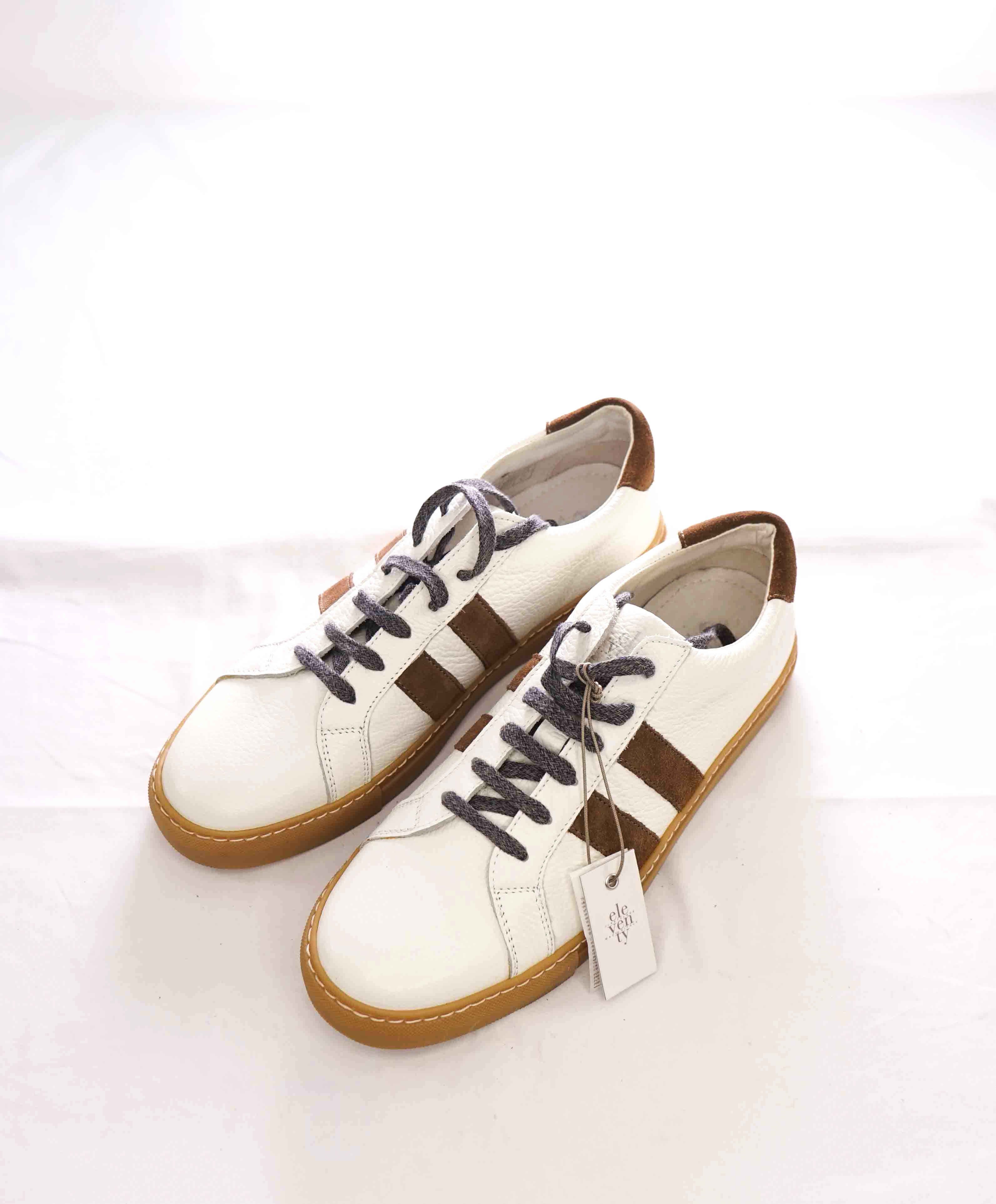 $395 ELEVENTY - Pebbled Leather Brown Suede Stripe Sneaker - 11 US (44EU)