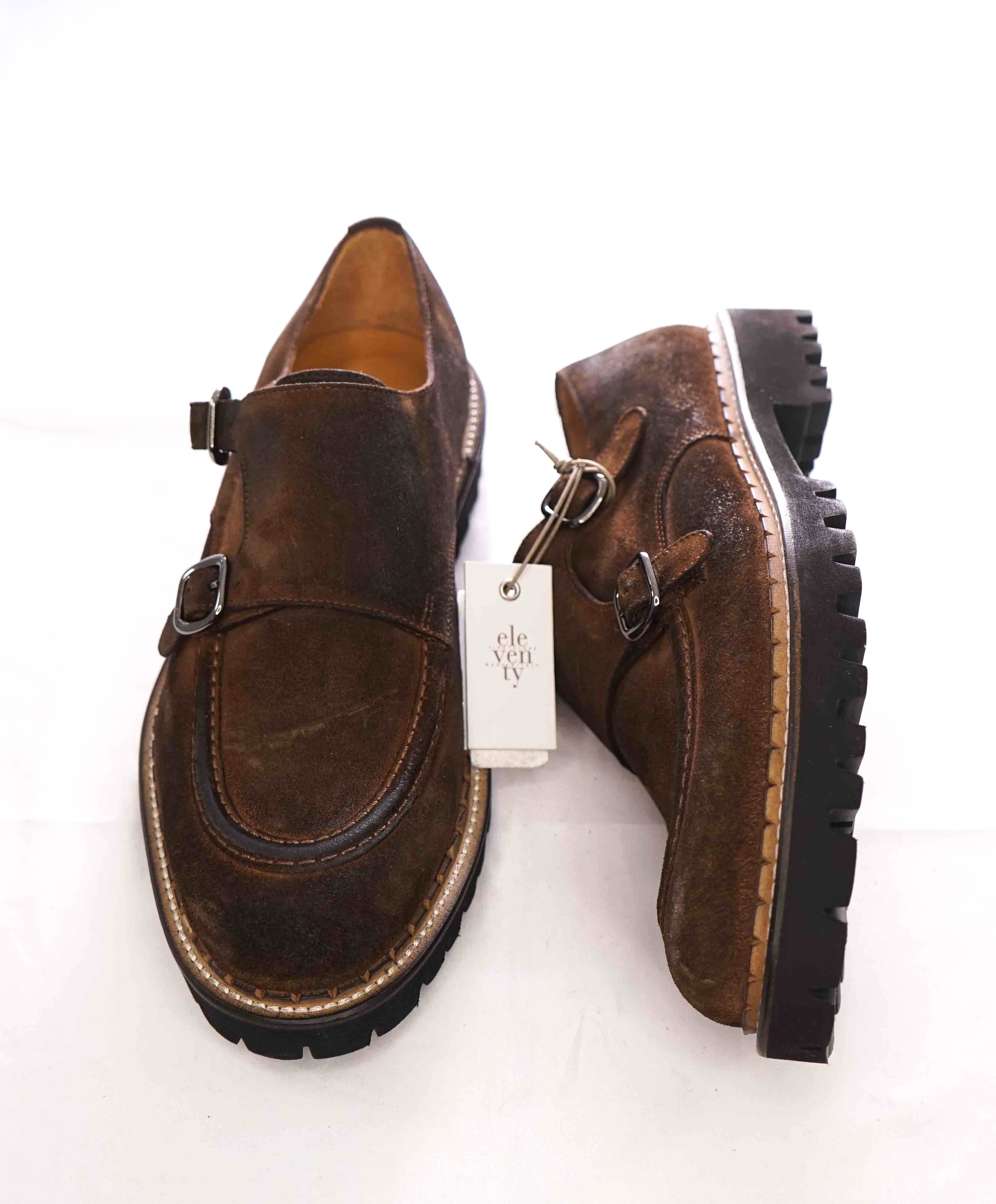 $795 ELEVENTY - Brown Monk Strap Loafers Distressed Brown Suede - 12 US (45EU)