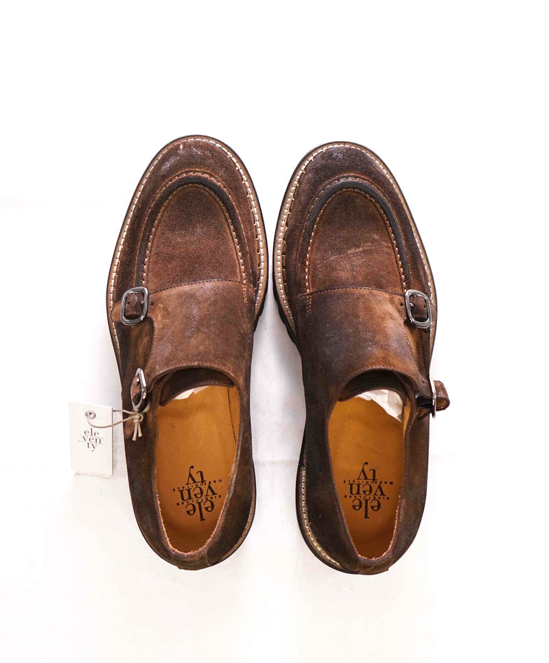 $795 ELEVENTY - Brown Monk Strap Loafers Distressed Brown Suede - 8 US (41EU)