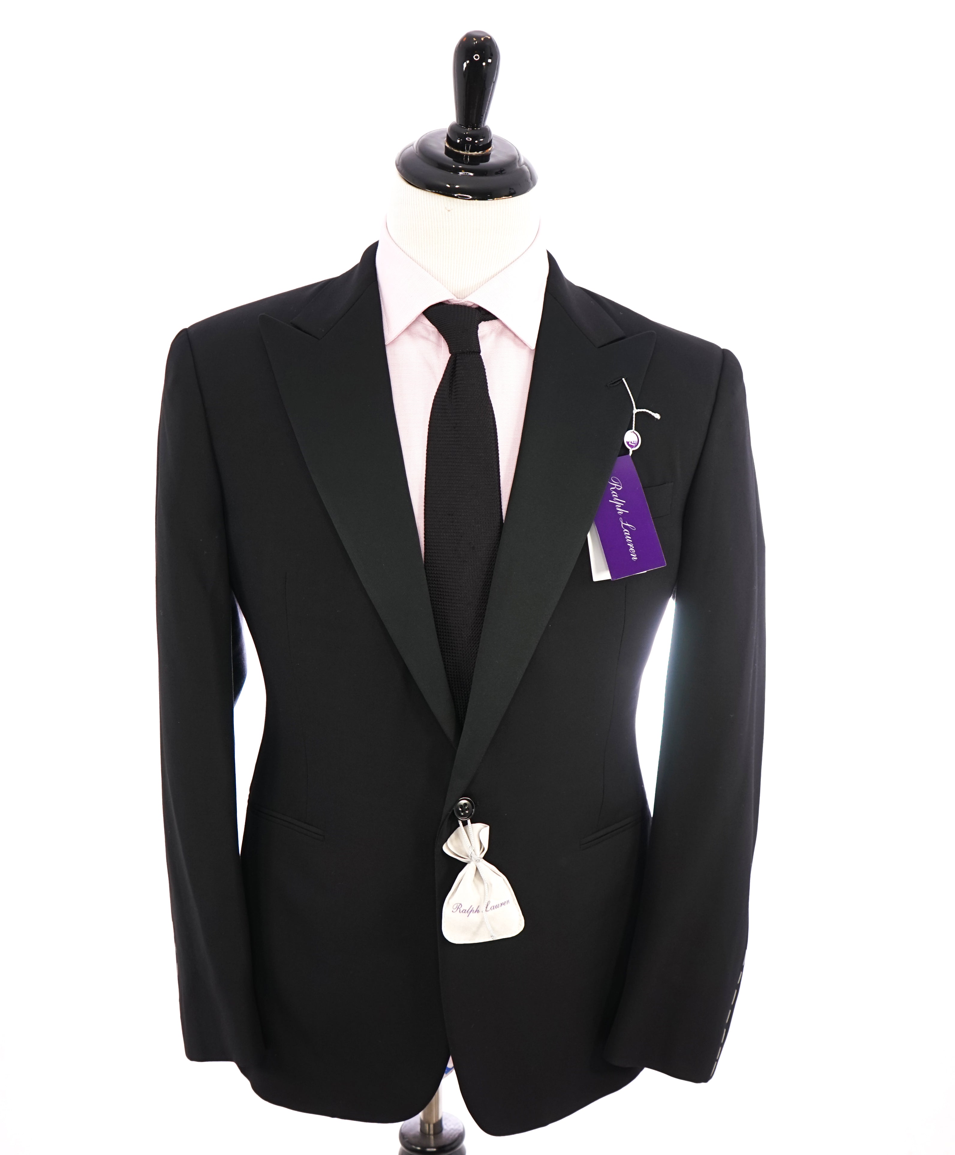 RALPH LAUREN PURPLE LABEL - Peak Lapel Black Tuxedo Suit With Side Tabs - 44R