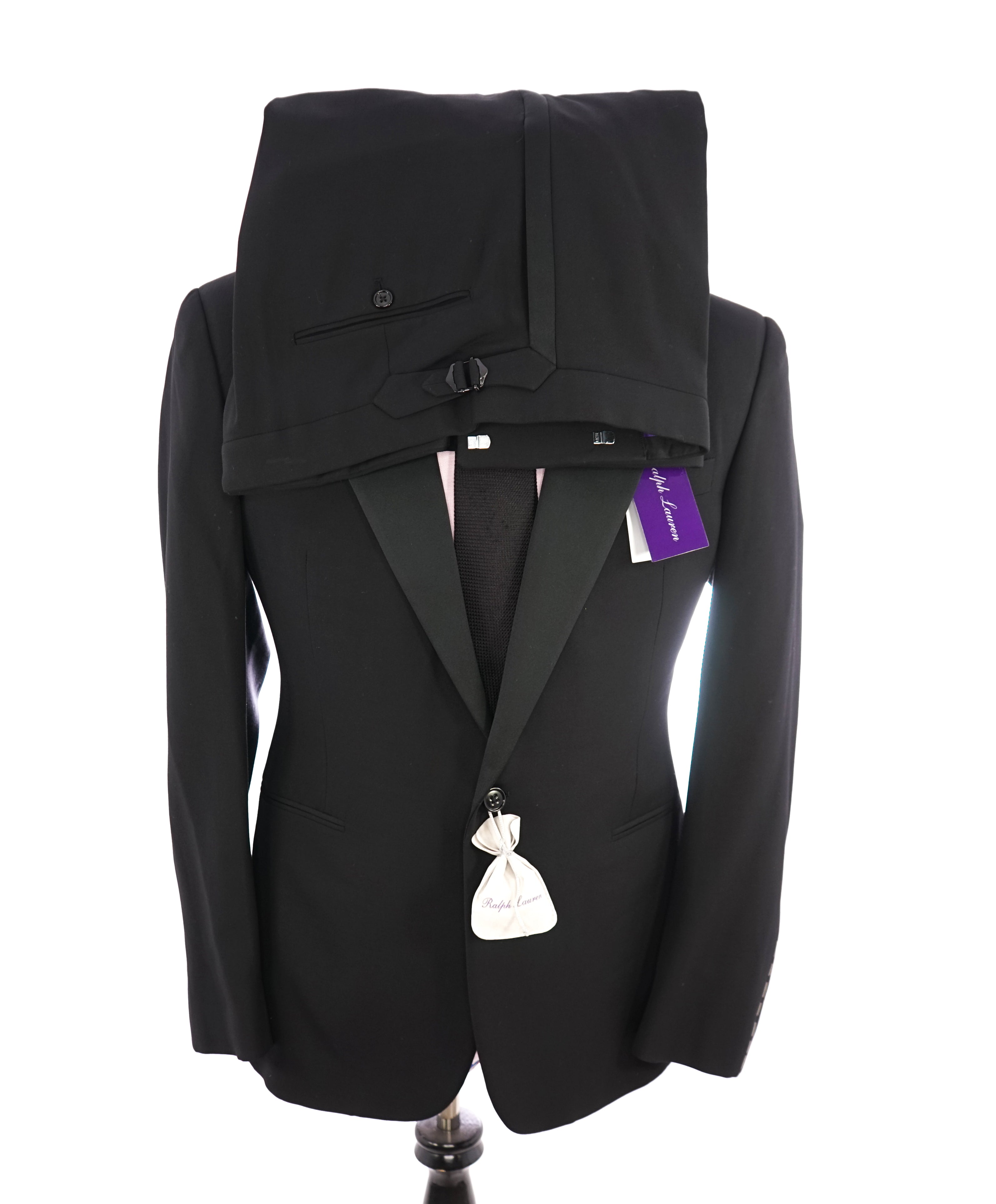 RALPH LAUREN PURPLE LABEL - Peak Lapel Black Tuxedo Suit With Side Tabs - 36R