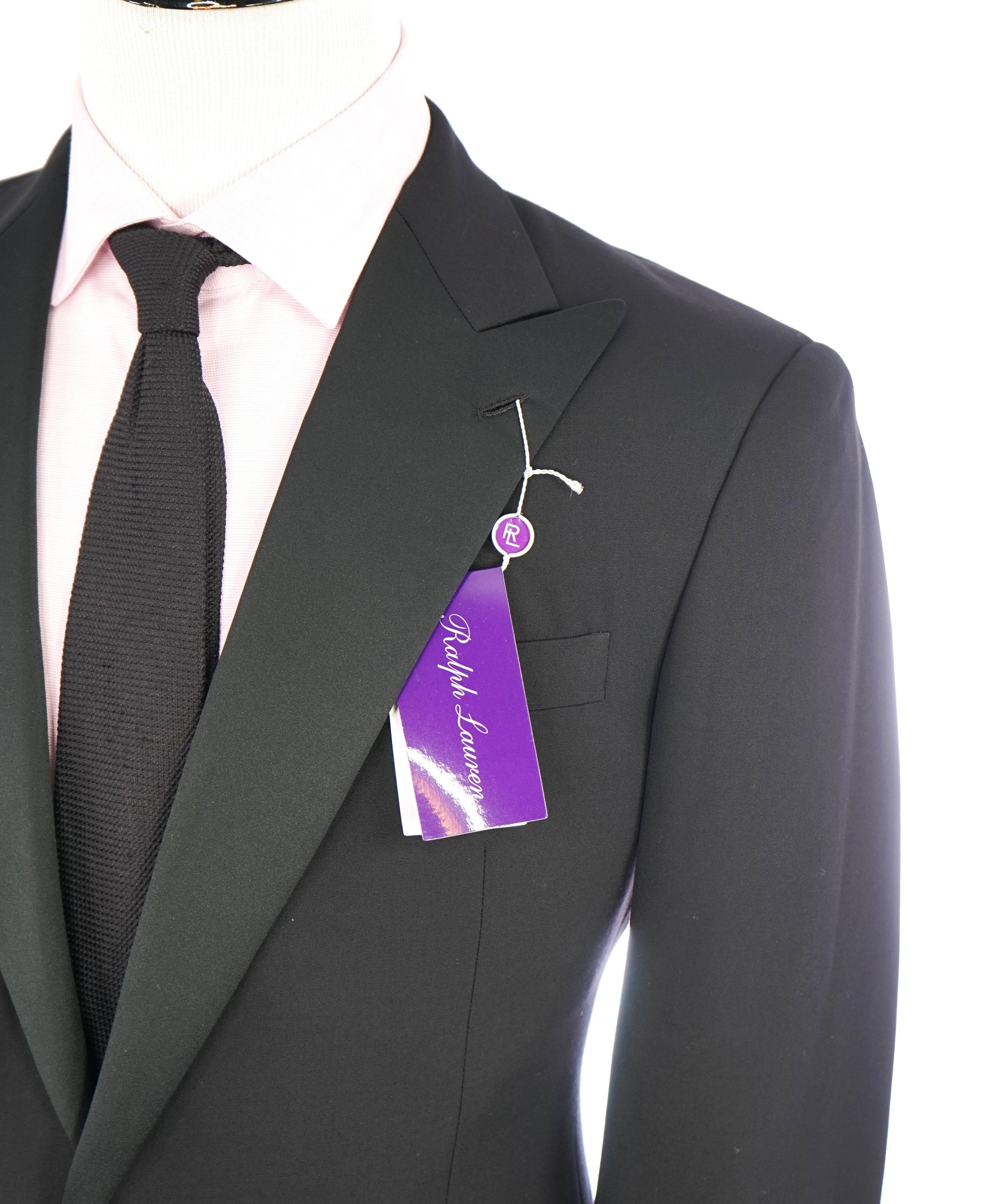 RALPH LAUREN PURPLE LABEL - Peak Lapel Black Tuxedo Suit With Side Tabs - 36R