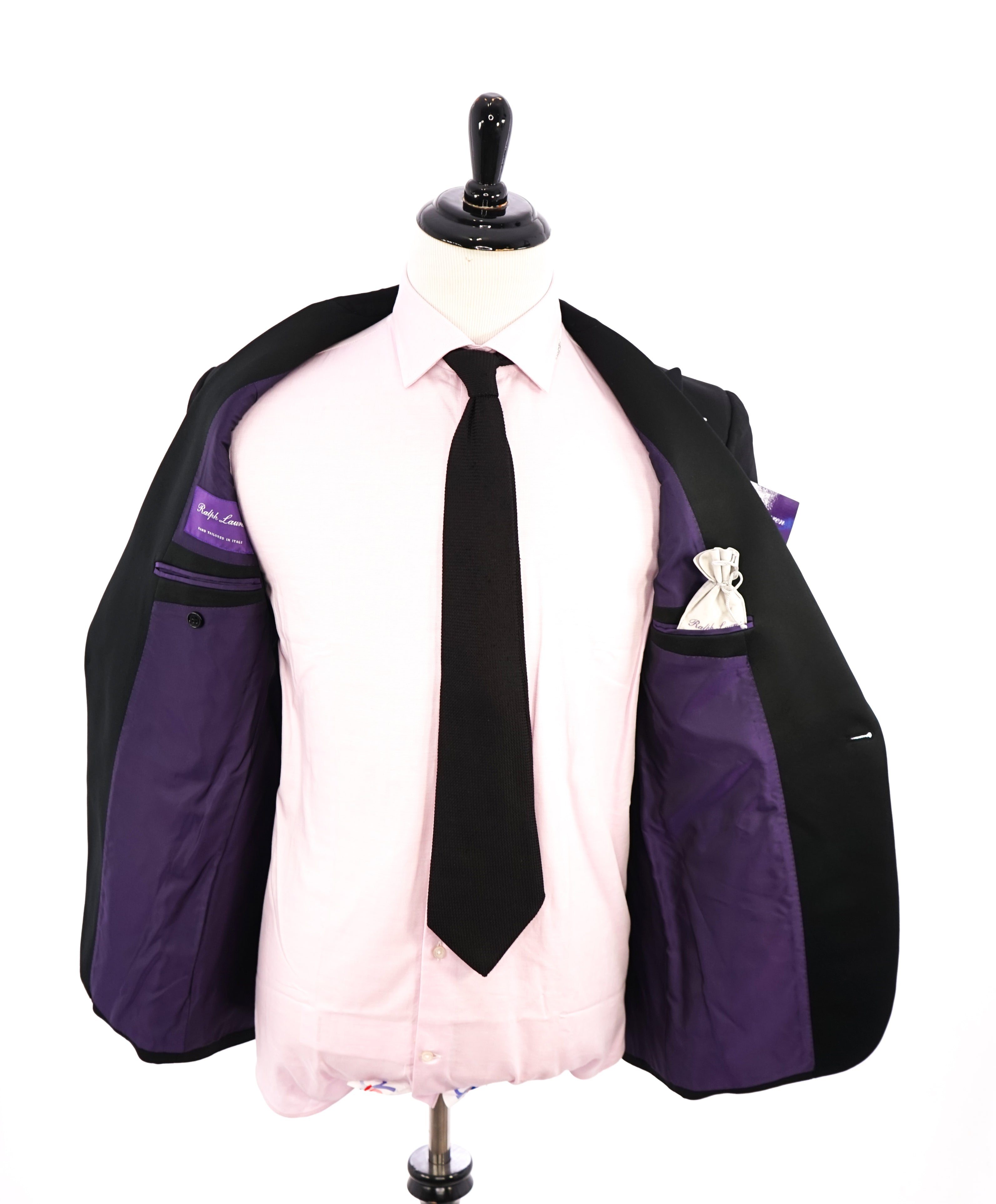 RALPH LAUREN PURPLE LABEL - Peak Lapel Black Tuxedo Suit With Side Tabs - 42R