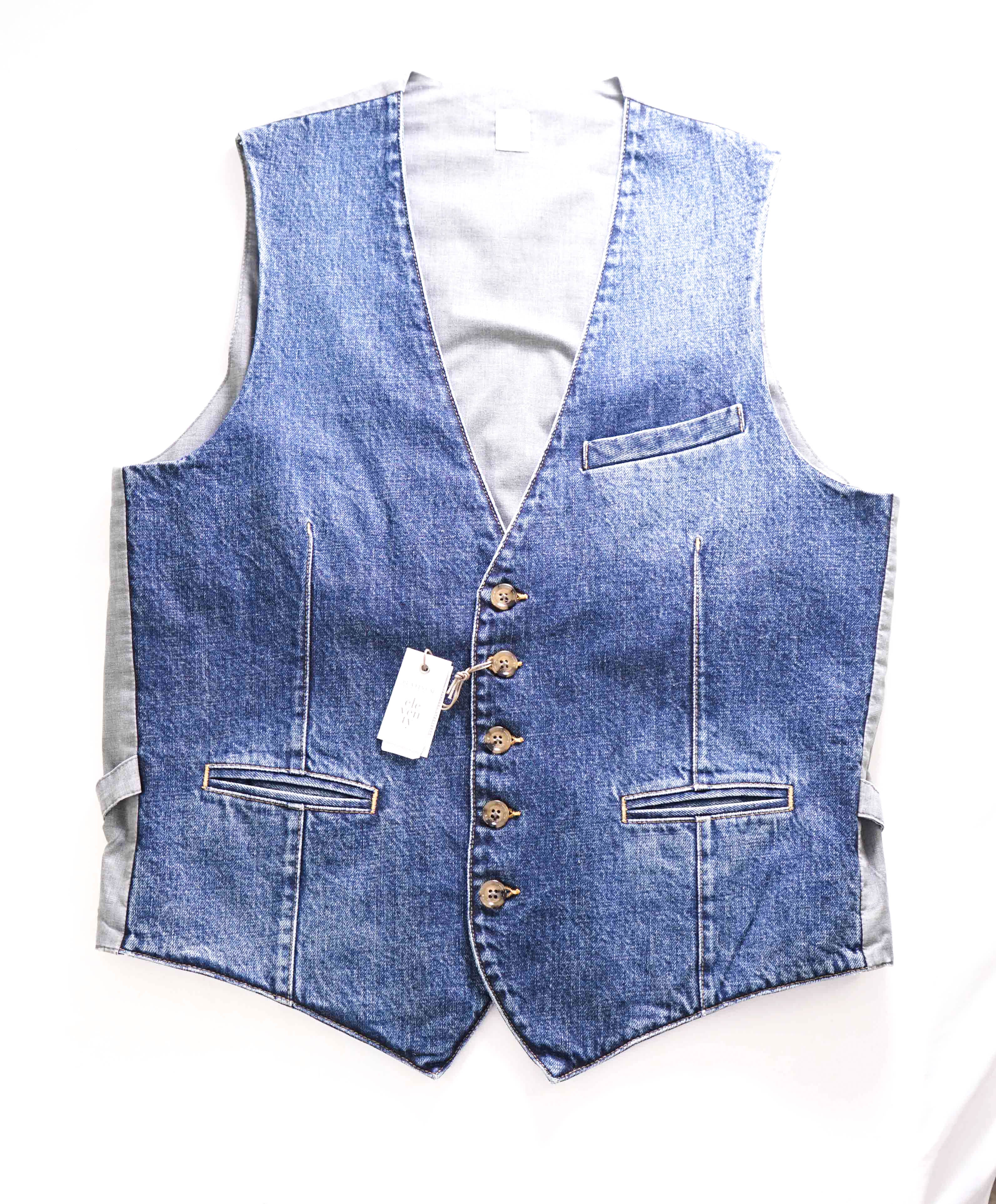 $445 ELEVENTY - *DENIM* Blue Cotton Horn Style Waistcoat Vest - 40R (M)