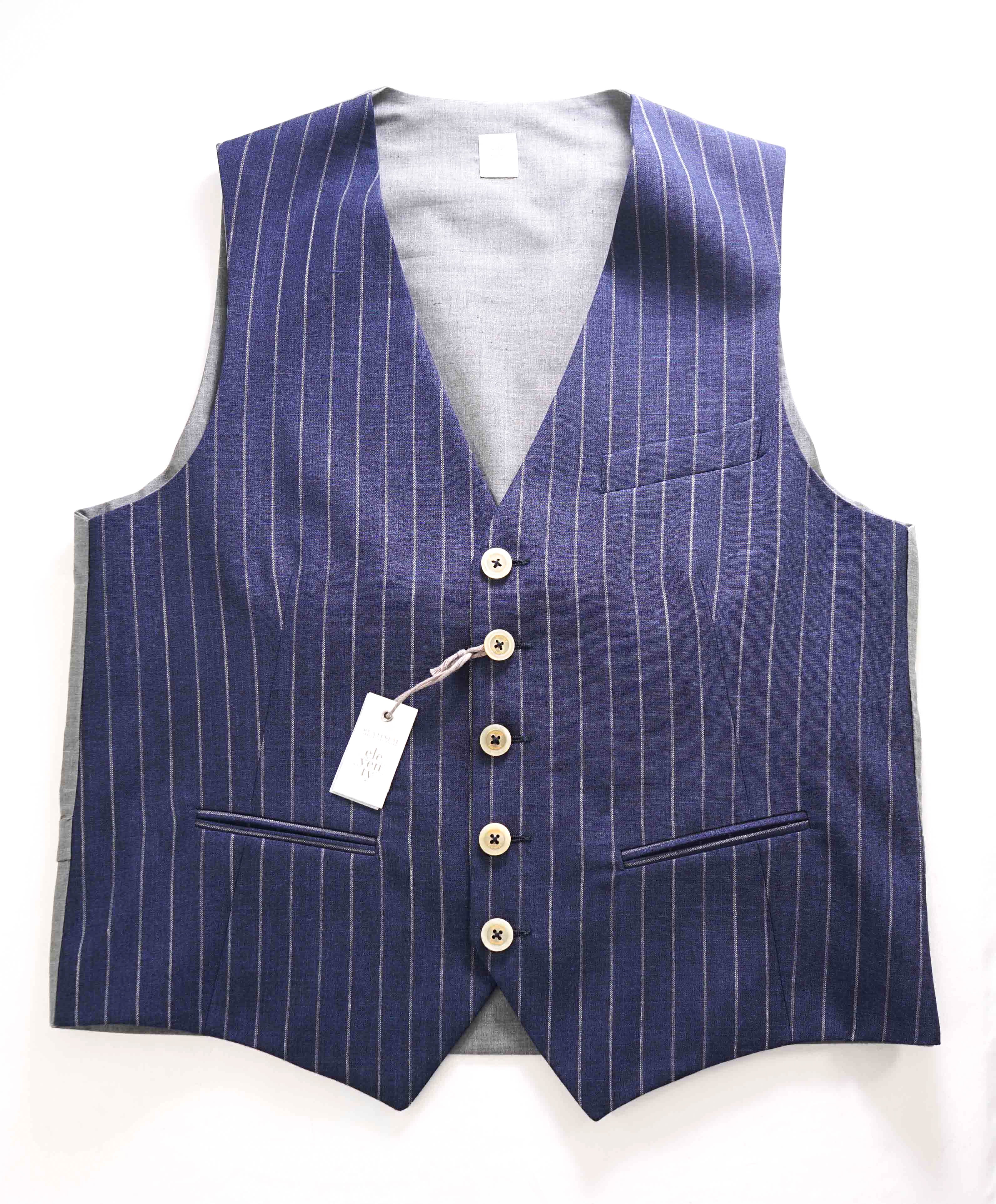 $445 ELEVENTY - *WOOL/SILK* Blue Ivory Chalk Stripe Waistcoat Vest - 40R