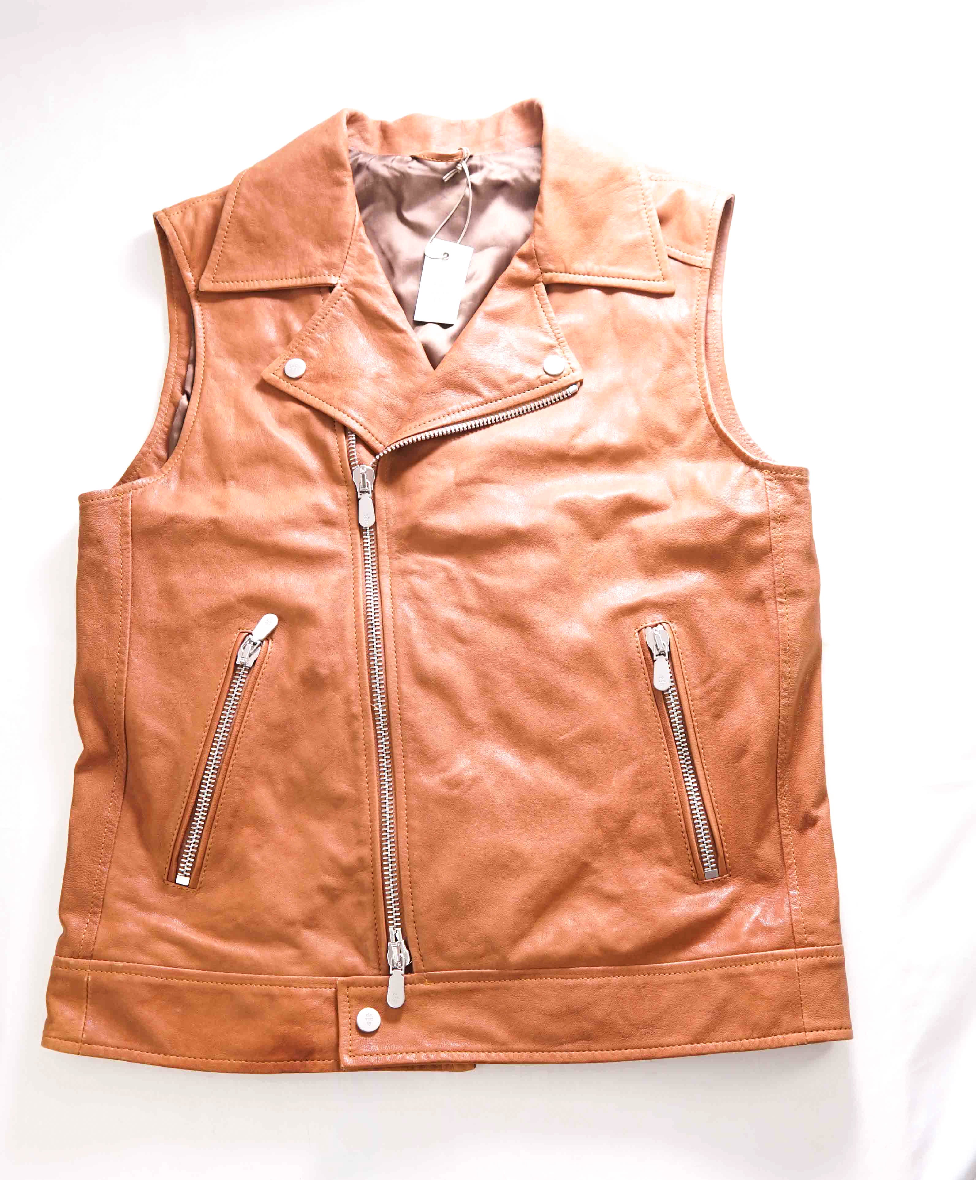 $1,695 ELEVENTY - *GOAT SKIN* Leather Brown Moto Asymmetrical Vest - 40R (M)