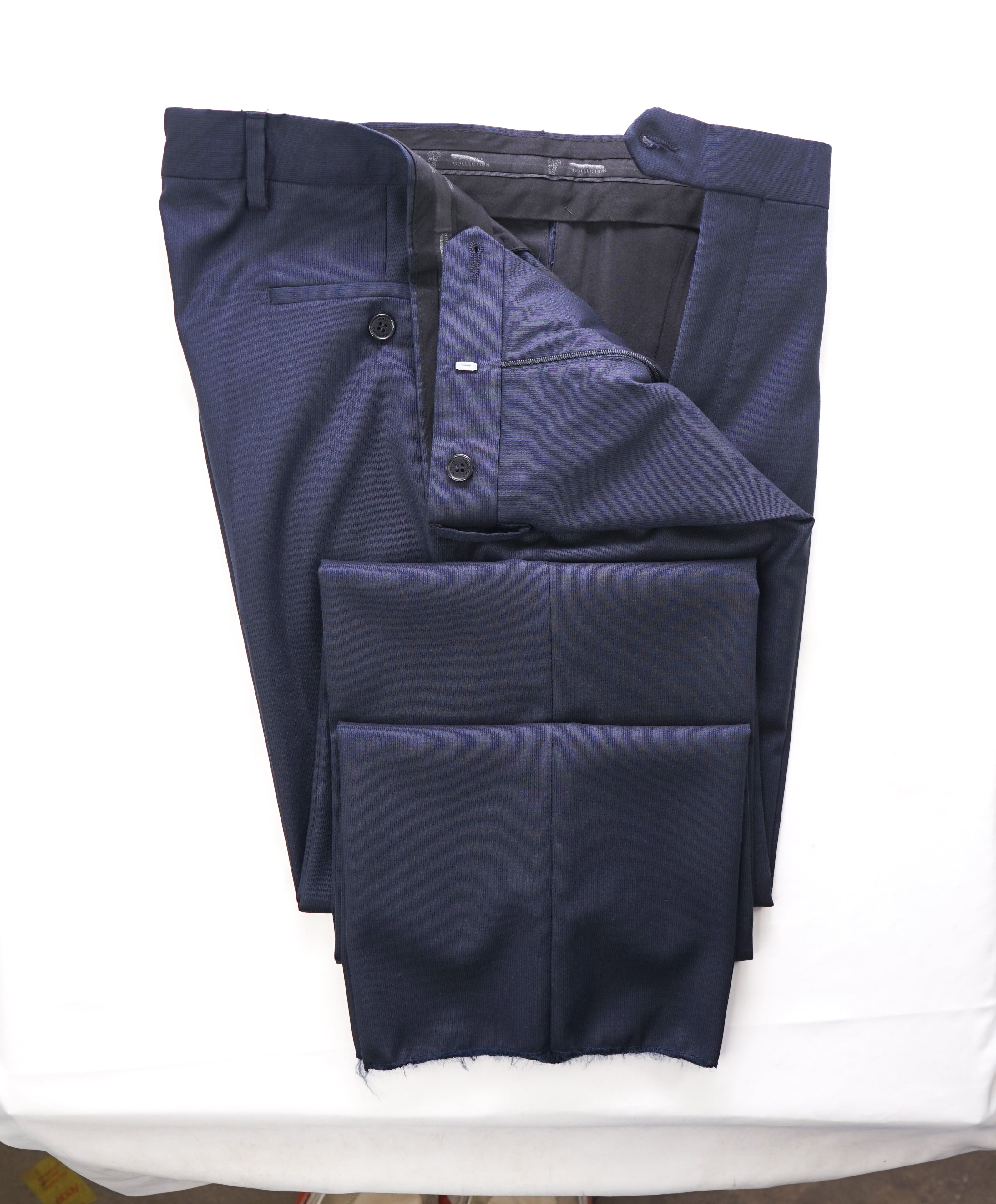 VERSACE COLLECTION -  Tonal Blue Textured Logo Button Dress Pants - 35W