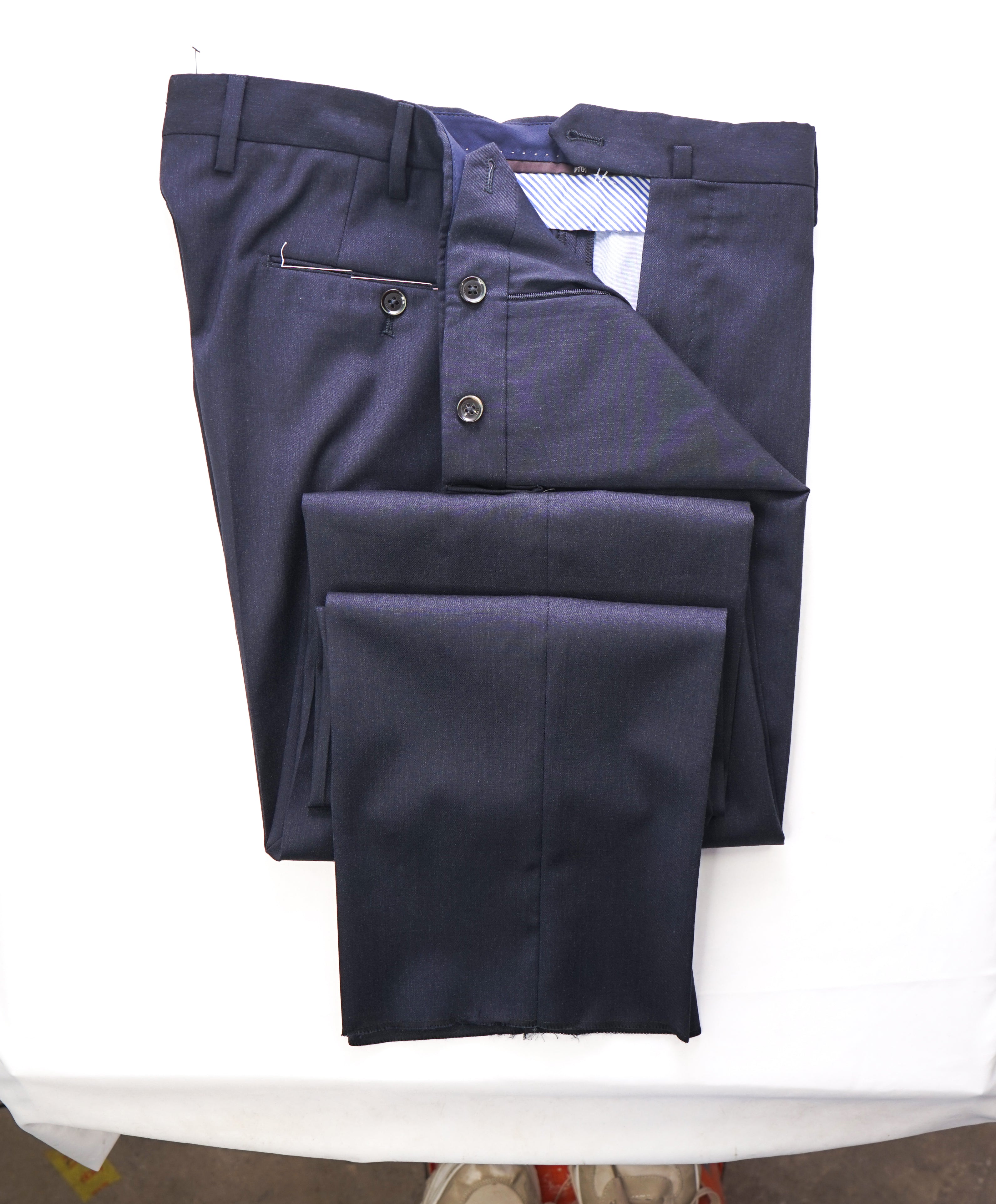 PT01 - Premium Fabric & Construction Blue Wool Dress Pants MOP Logo Buttons - 35W