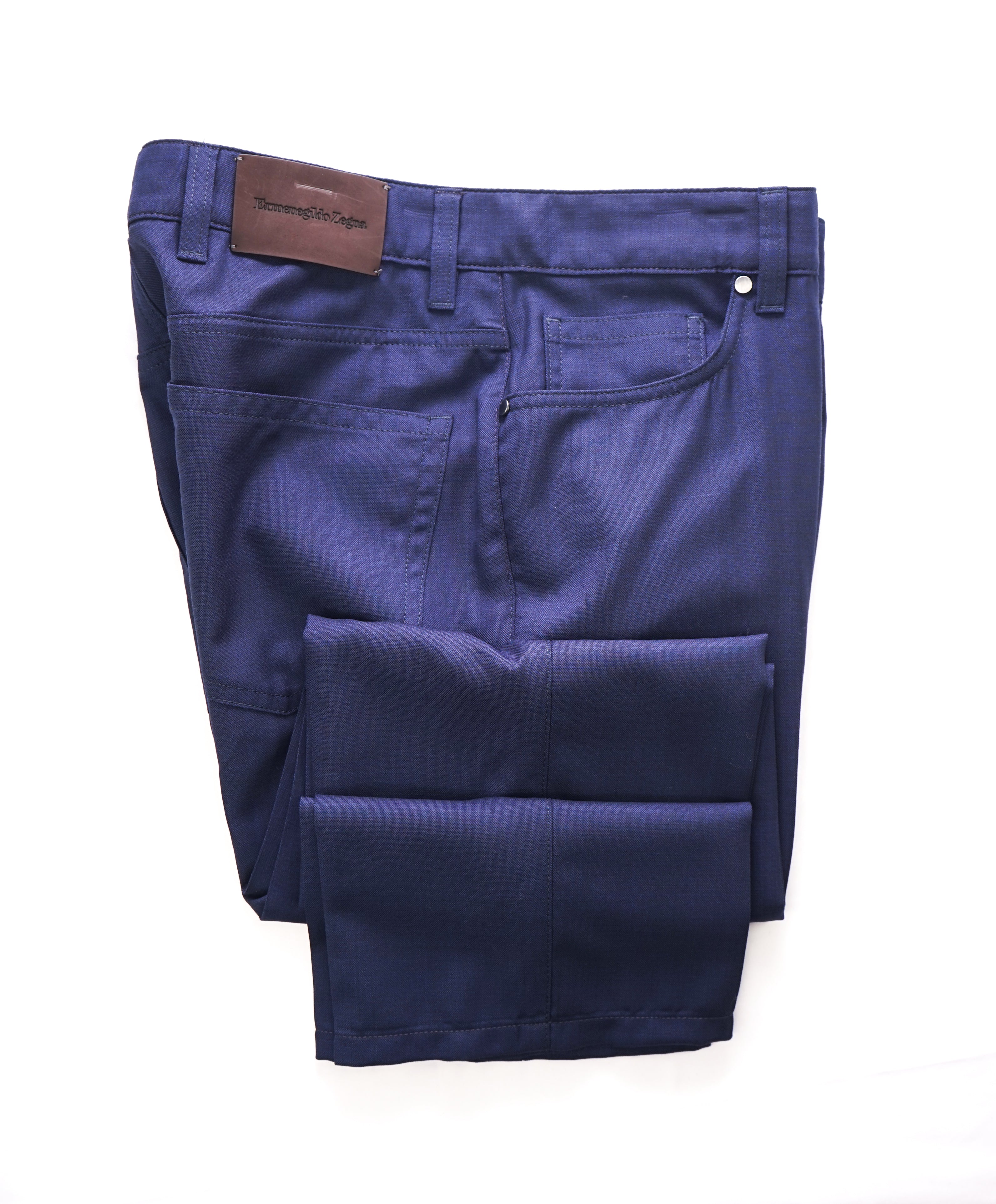 ERMENEGILDO ZEGNA - Cobalt Blue WOOL Brown Logo Tag 5-Pocket Pants - 34W