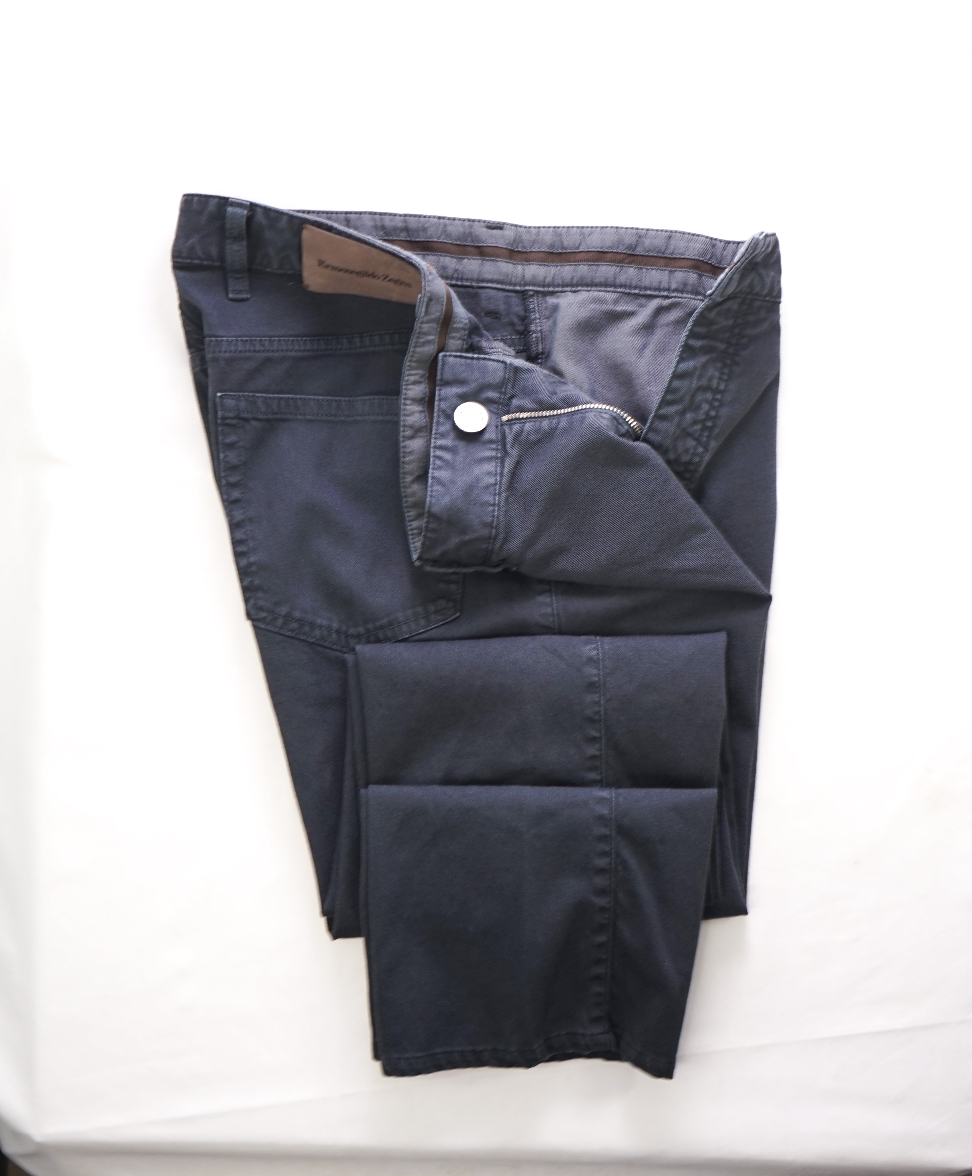 ERMENEGILDO ZEGNA - Gray Cotton/Elastane Brown Logo Tag 5-Pocket Pants - 34W