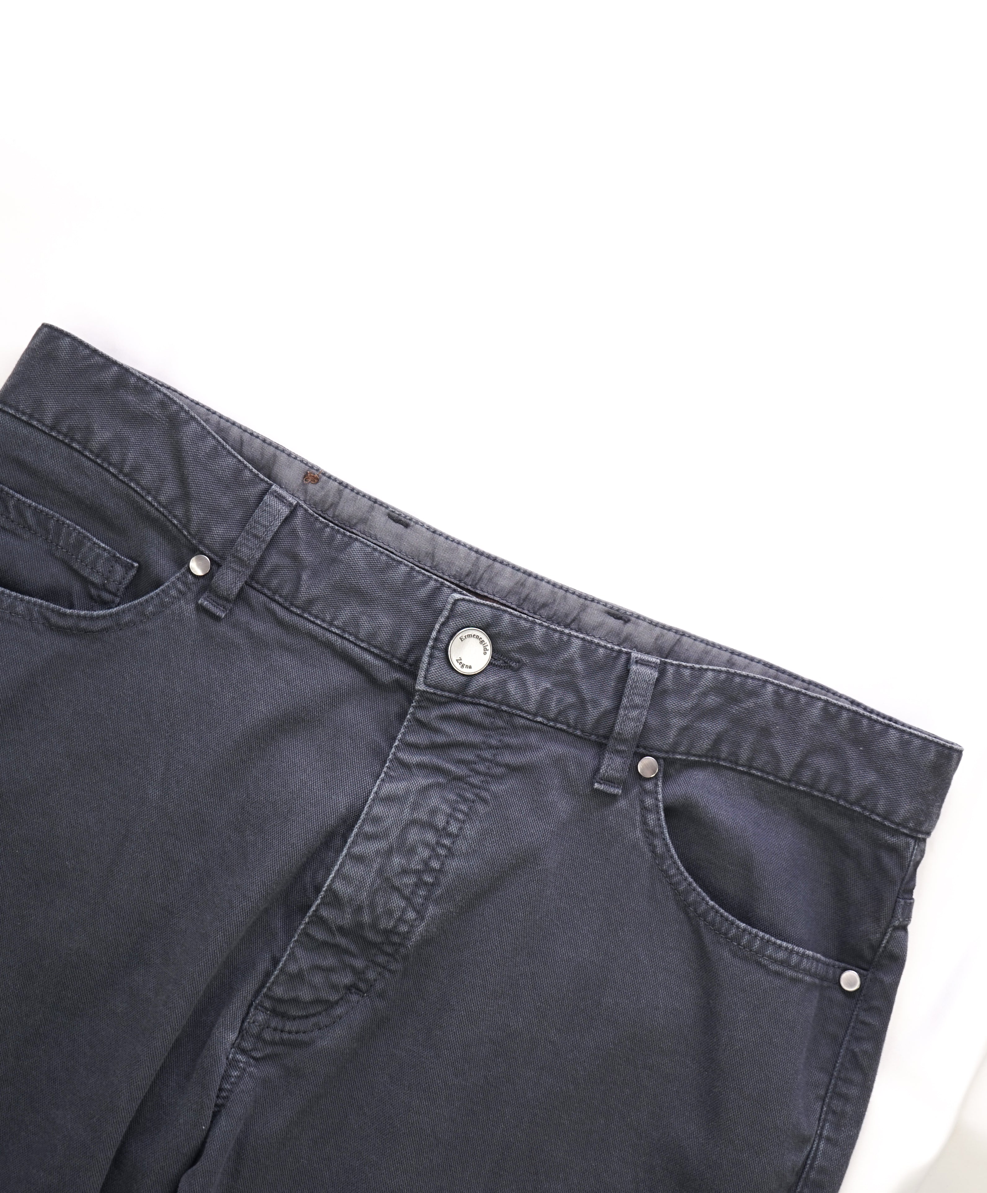 ERMENEGILDO ZEGNA - Gray Cotton/Elastane Brown Logo Tag 5-Pocket Pants - 34W