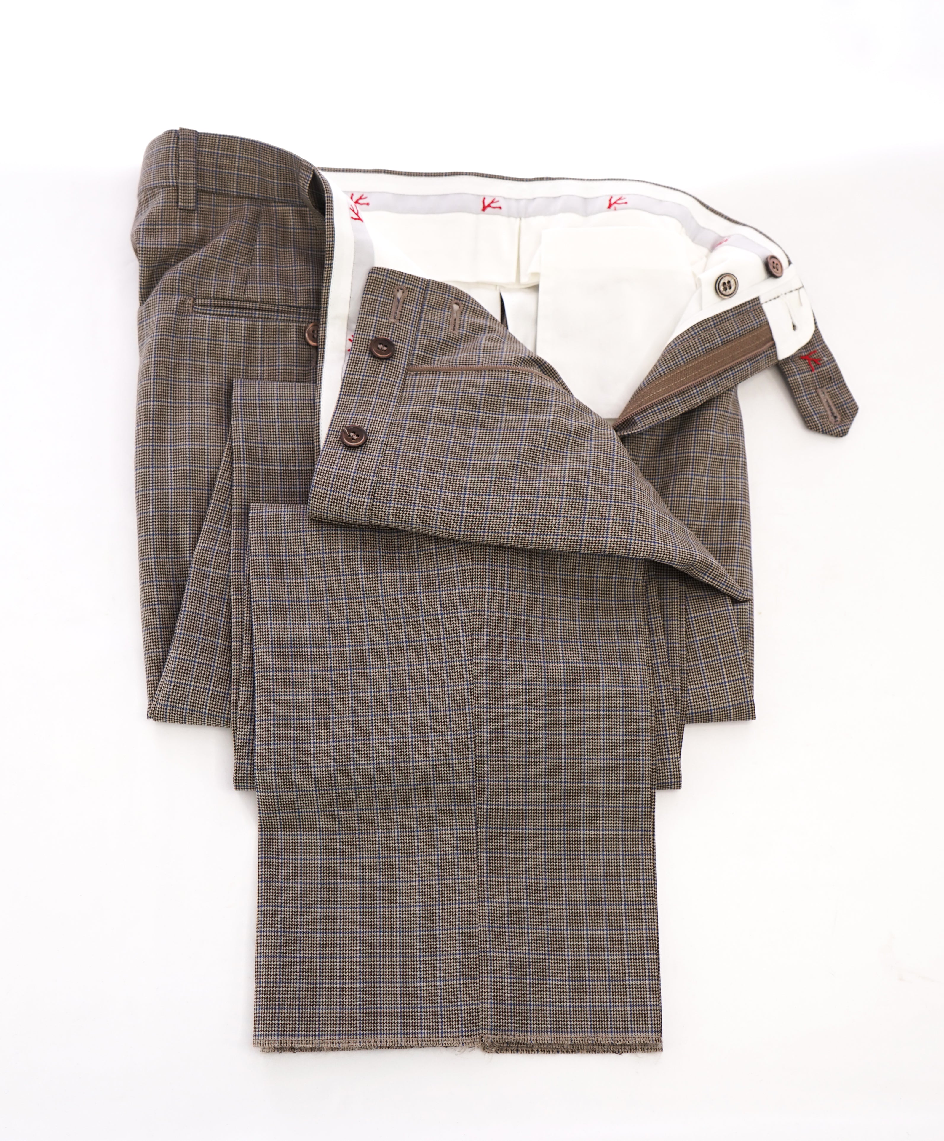 ISAIA - Brown & Blue Multi-Plaid Check Dress Pants Flat Front - 33W