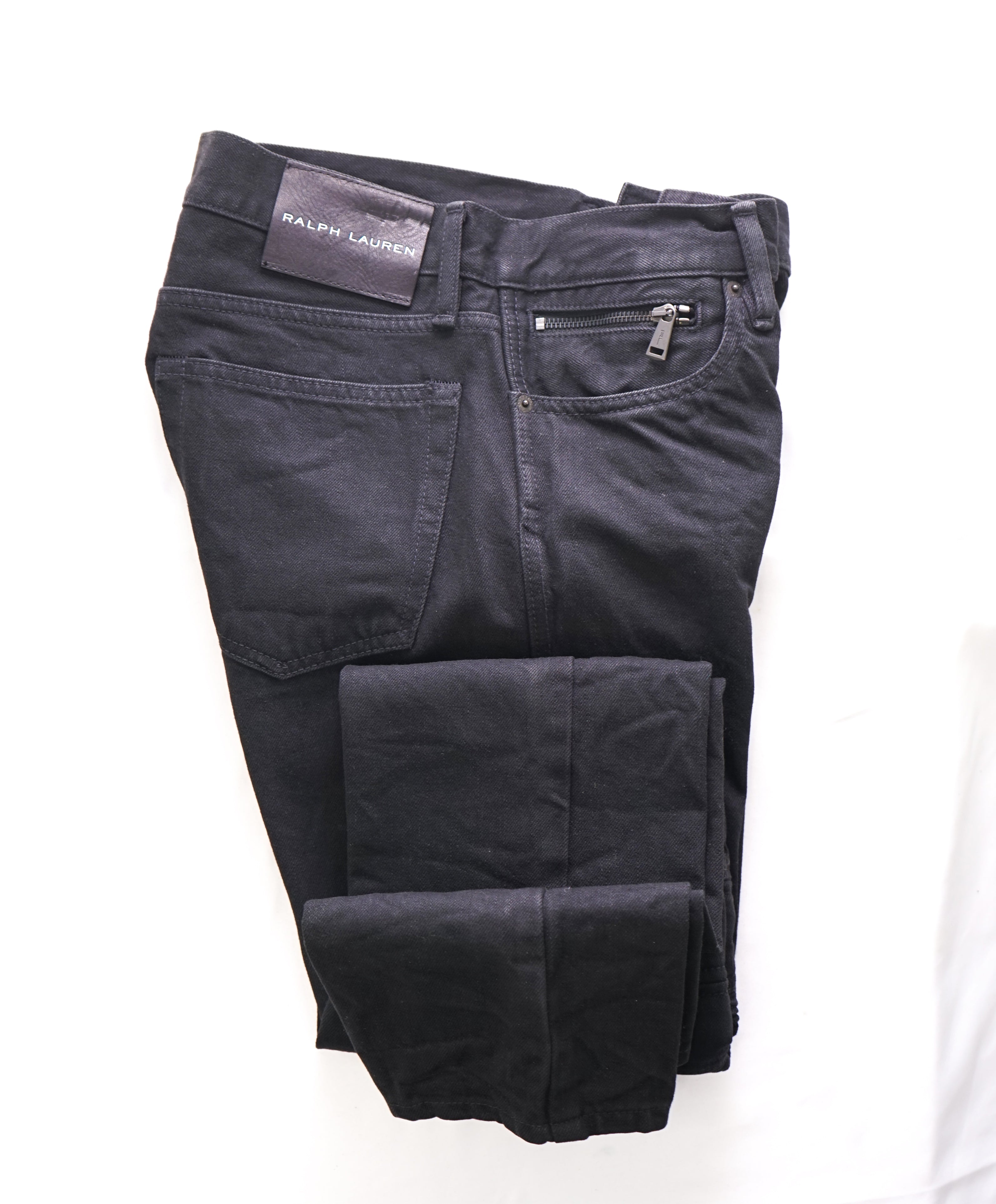 RALPH LAUREN BLACK LABEL - Black Cotton Distressed LOGO Zipper Jeans - 31W