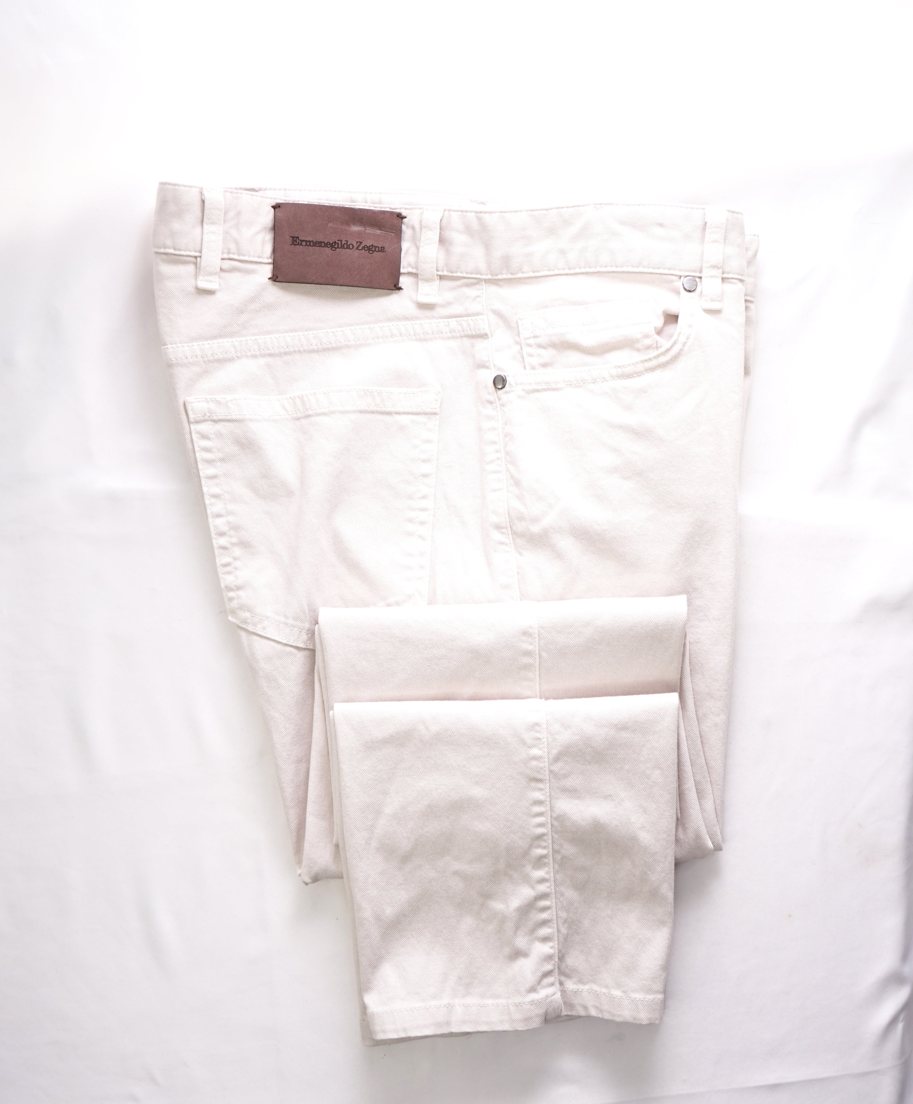 ERMENEGILDO ZEGNA - Ivory Cotton/Elastane Logo Tag 5-Pocket Pants - 33W