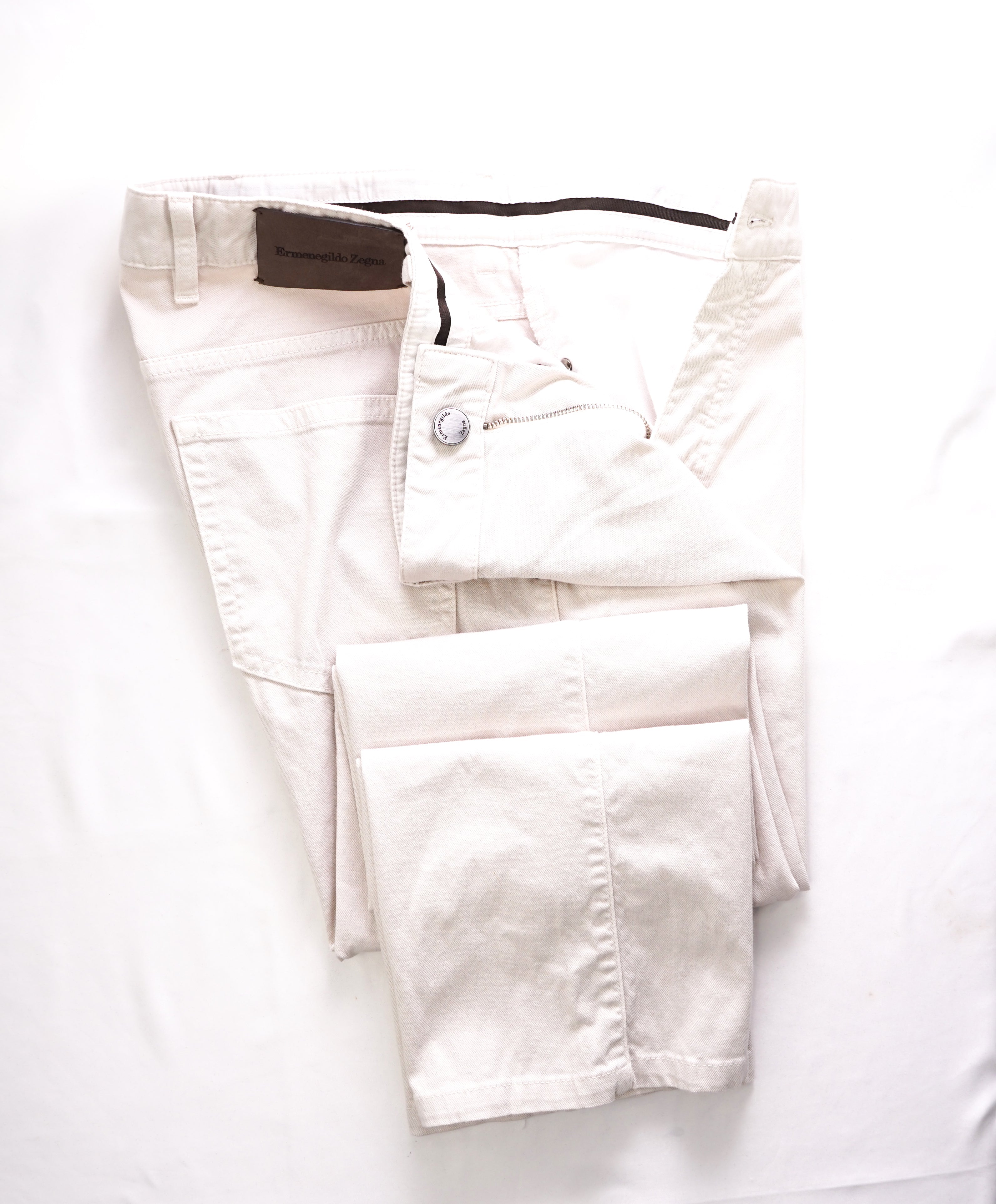 ERMENEGILDO ZEGNA - Ivory Cotton/Elastane Logo Tag 5-Pocket Pants - 33W