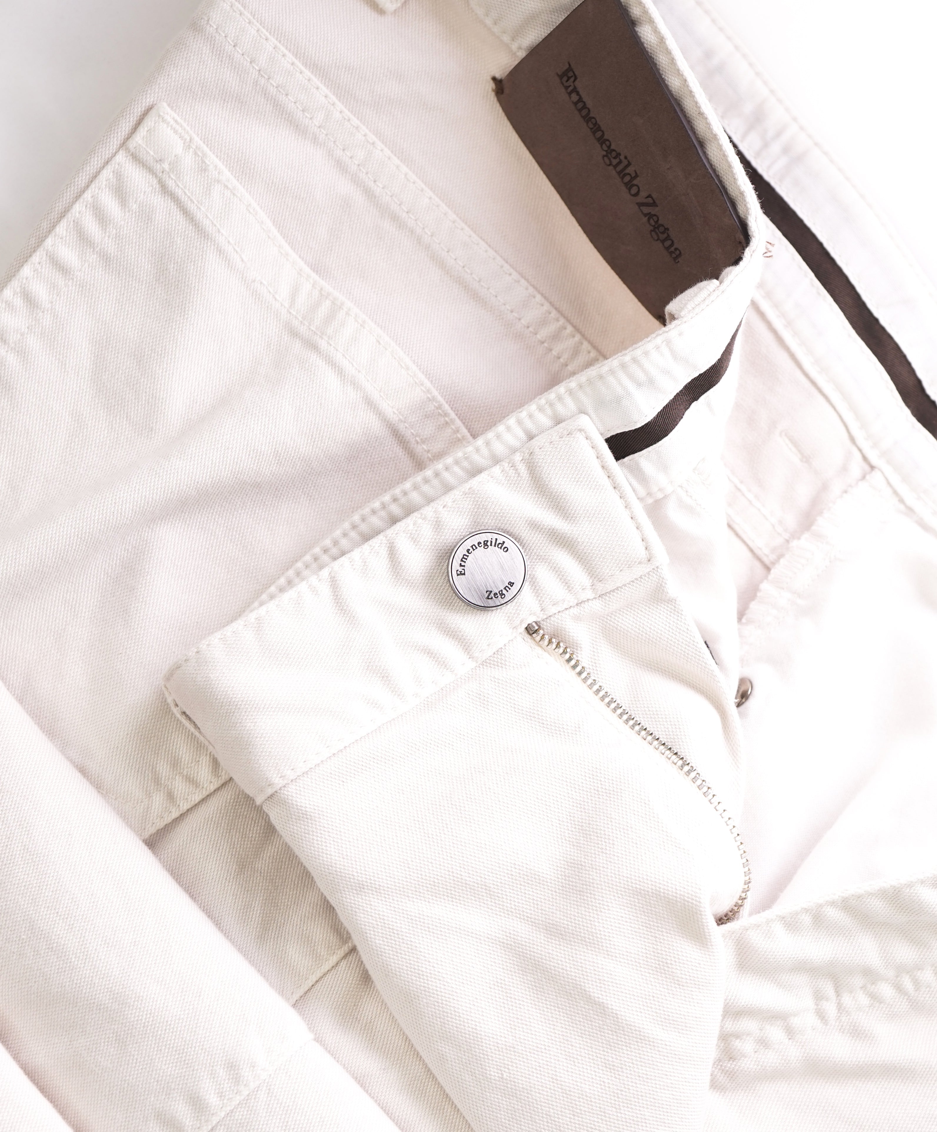 ERMENEGILDO ZEGNA - Ivory Cotton/Elastane Logo Tag 5-Pocket Pants - 33W