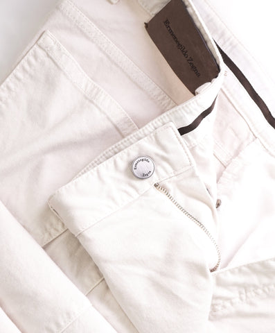 ERMENEGILDO ZEGNA - Ivory Cotton/Elastane Logo Tag 5-Pocket