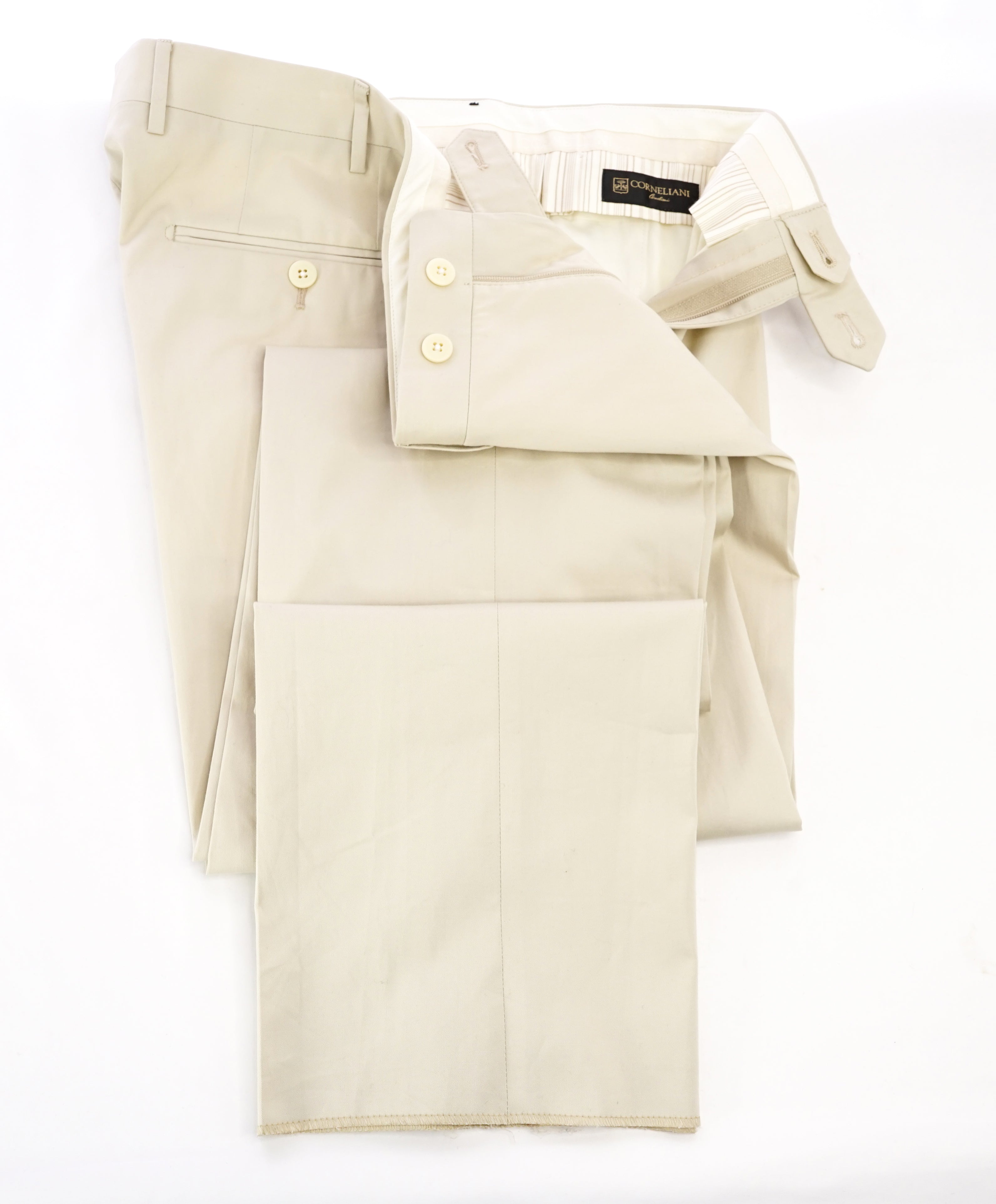 CORNELIANI - Cotton/Elastane Stone Beige Flat Front Summer Pants - 36W