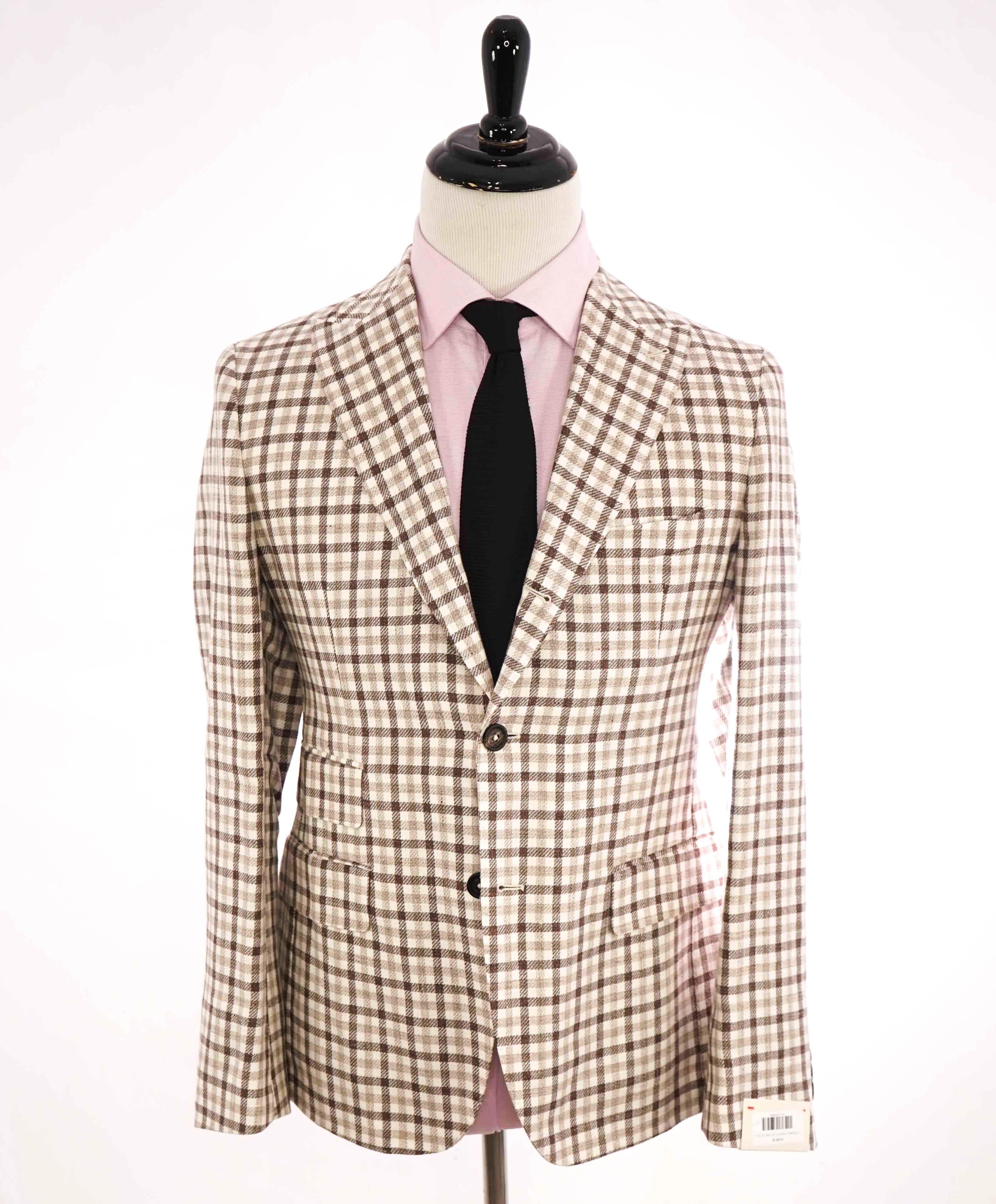 $1,295 ELEVENTY - LINEN/WOOL Gingham Neutral Beige Brown Blazer - 40 (50 EU)