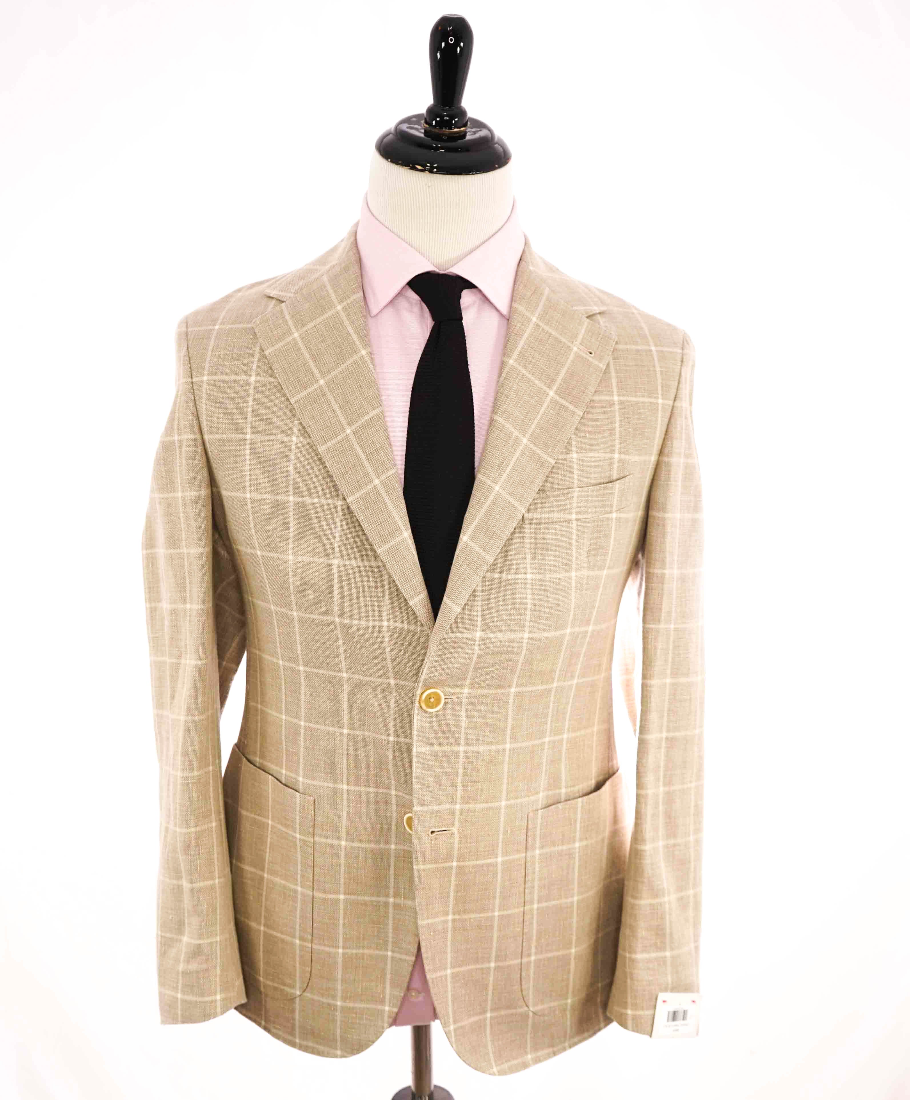 $995 ELEVENTY - Beige & Ivory Windowpane COTTON/LINEN Blazer - 40US