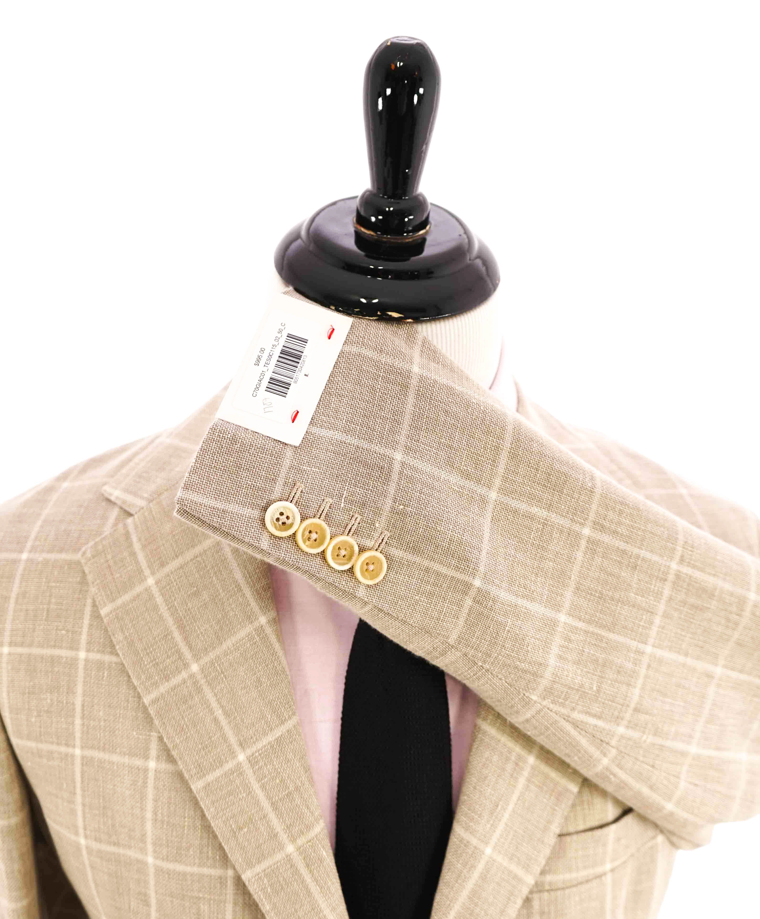 $995 ELEVENTY - Beige & Ivory Windowpane COTTON/LINEN Blazer - 40US