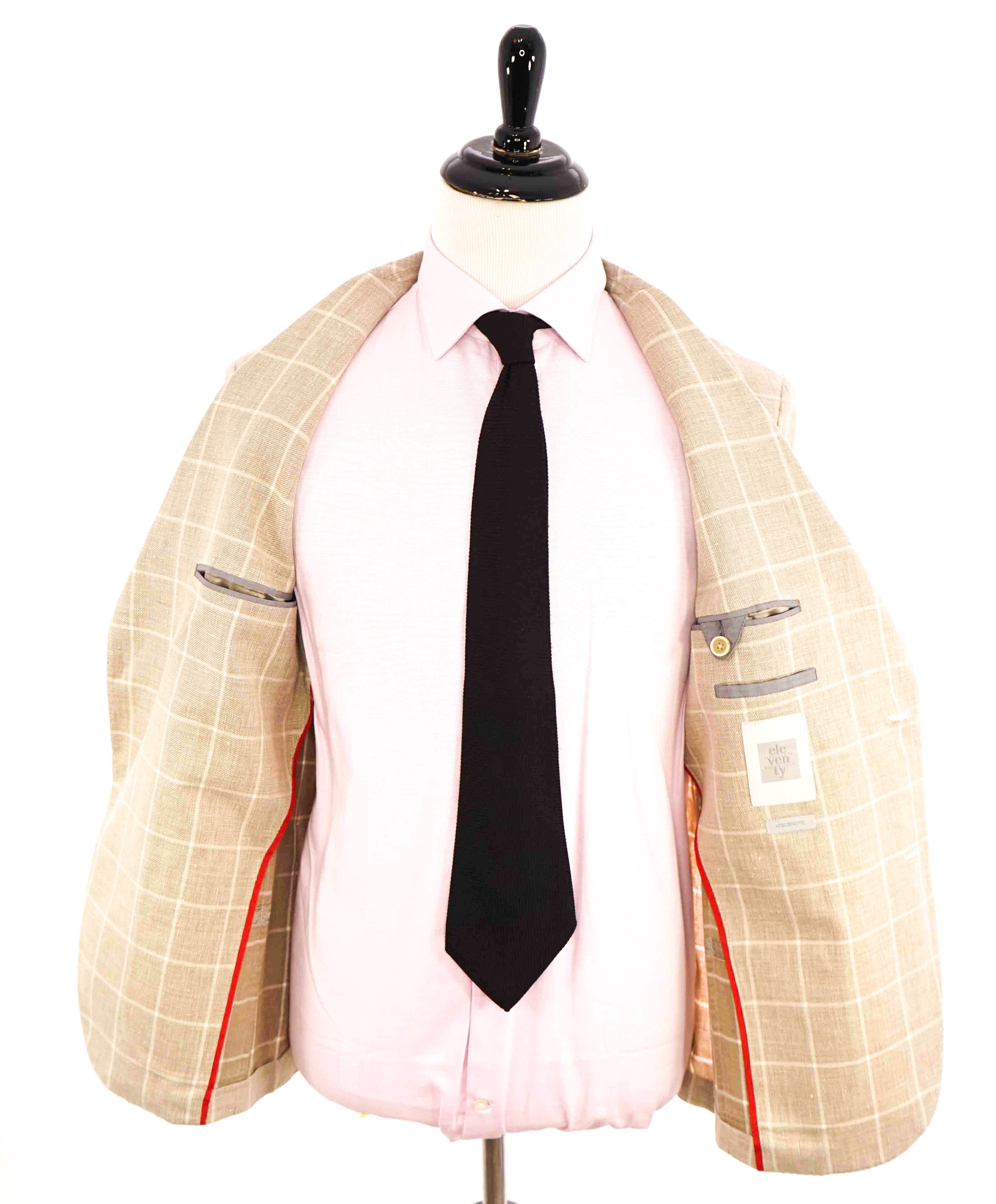 $995 ELEVENTY - Beige & Ivory Windowpane COTTON/LINEN Blazer - 40US