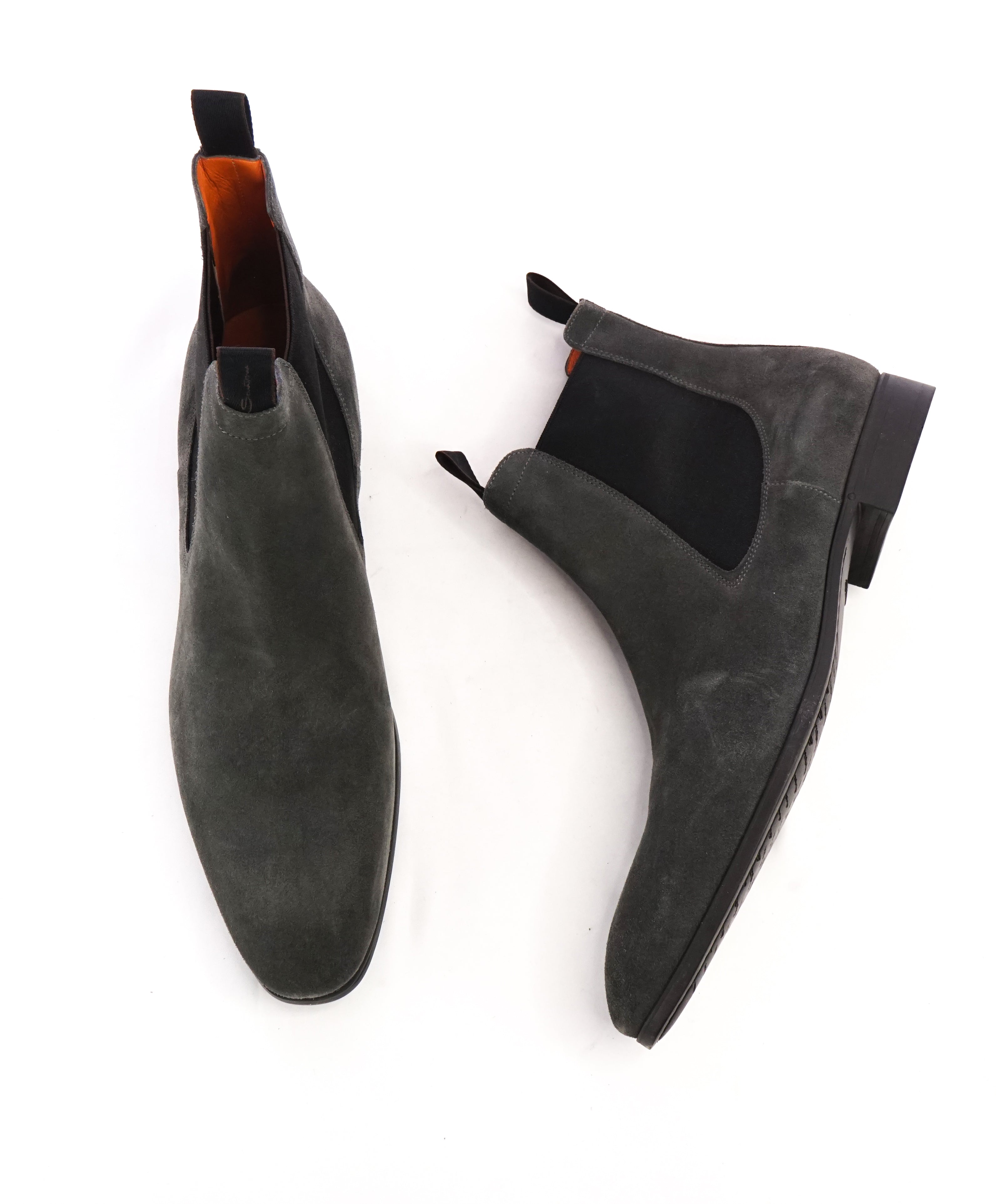 SANTONI - Gray Suede Ankle Chelsea Boot W Logo Sole & Straps - 12