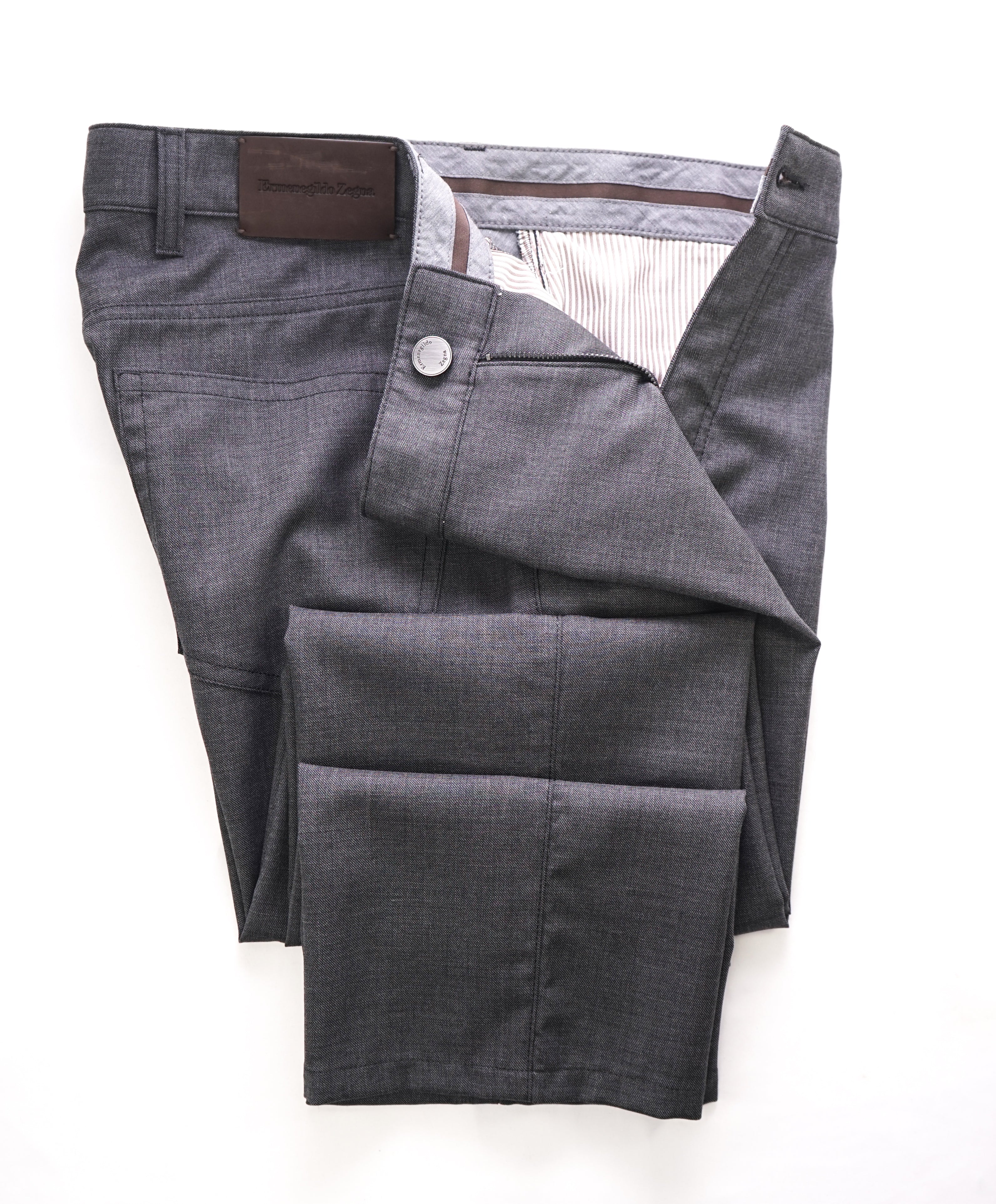 ERMENEGILDO ZEGNA - Gray WOOL Brown Suede Logo Tag 5-Pocket Pants - 36W