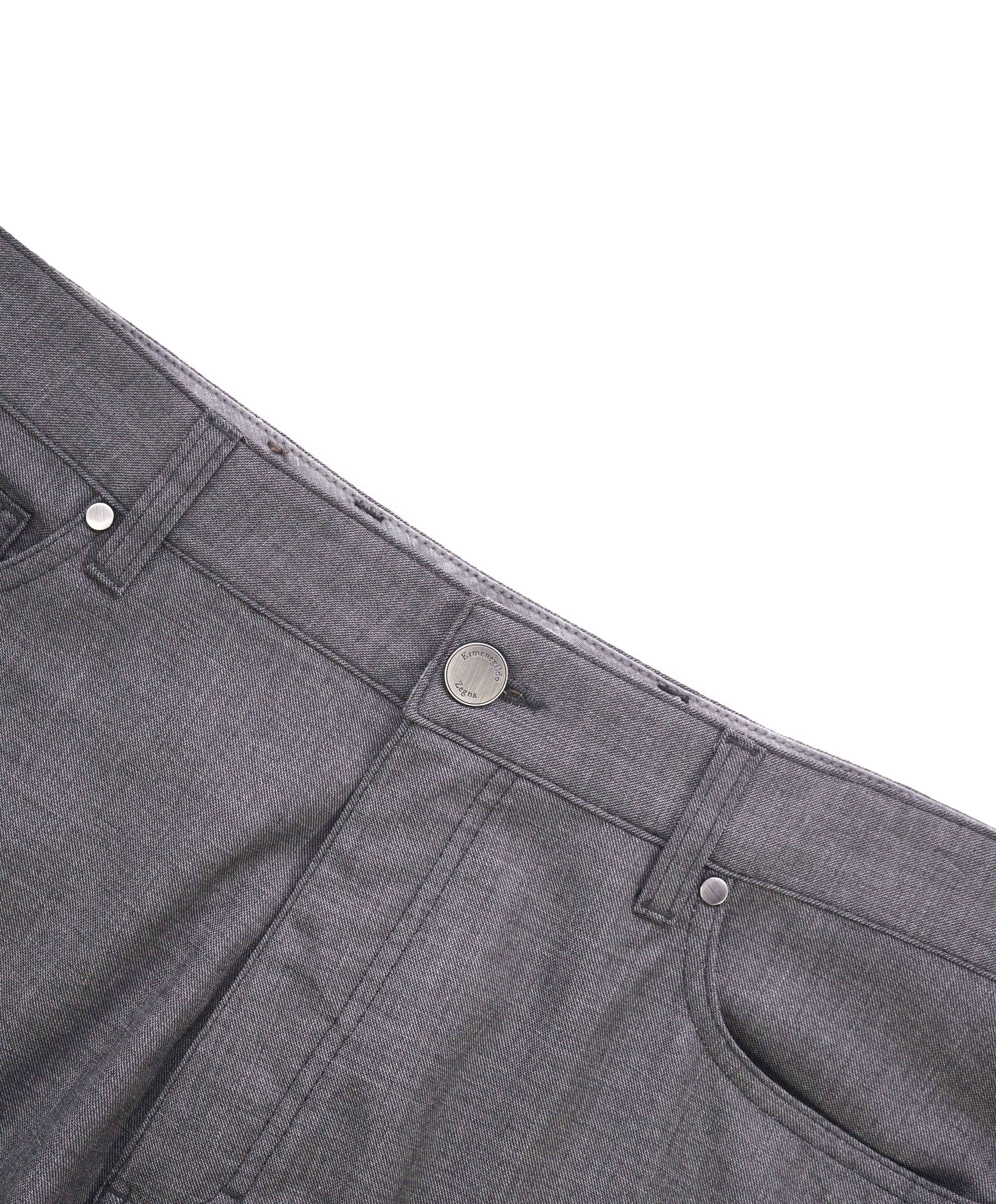 ERMENEGILDO ZEGNA - Gray WOOL Brown Suede Logo Tag 5-Pocket Pants - 36W