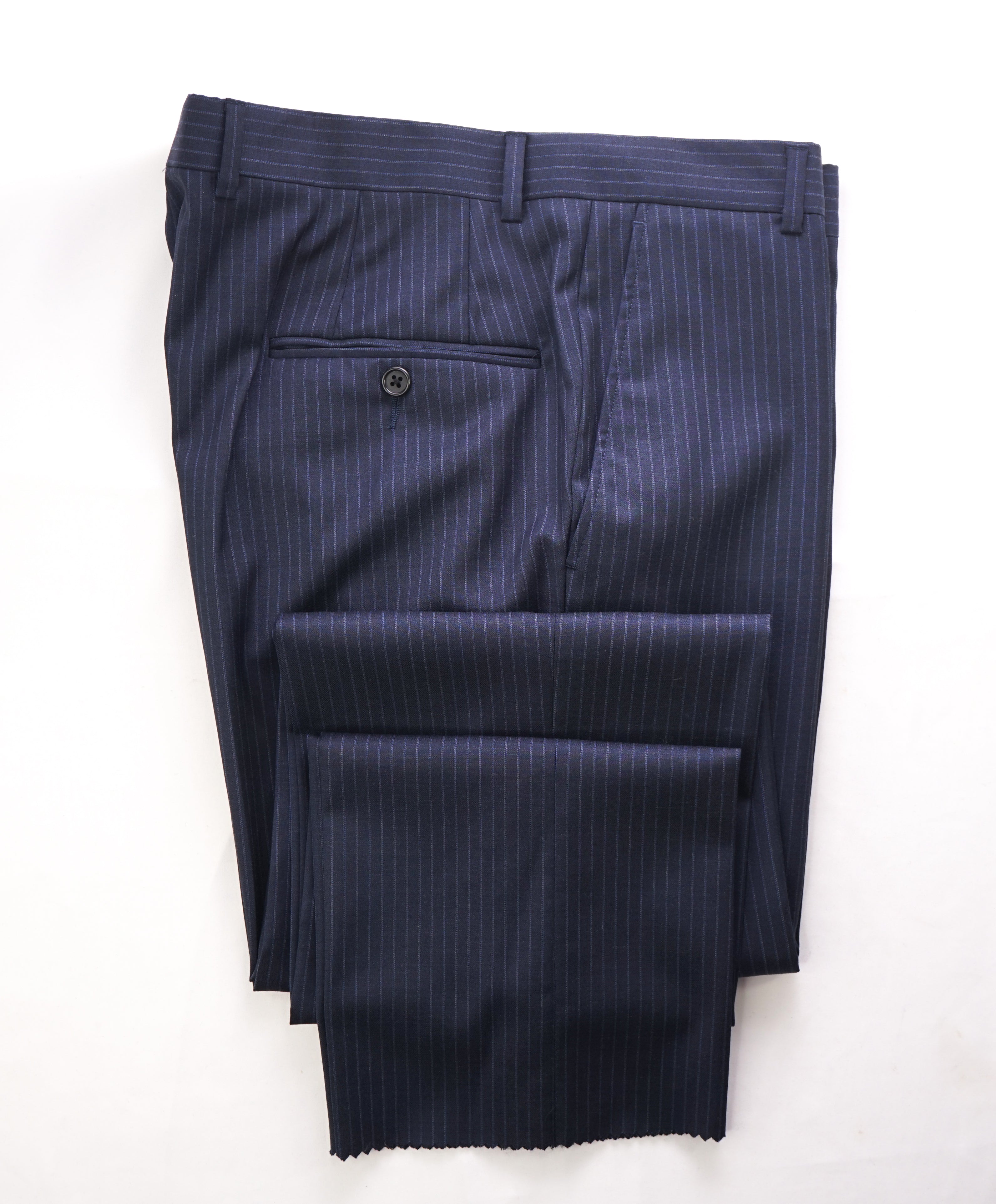 HICKEY FREEMAN -  Navy Blue Rope Stripe Wool Flat Front Dress Pants - 33W