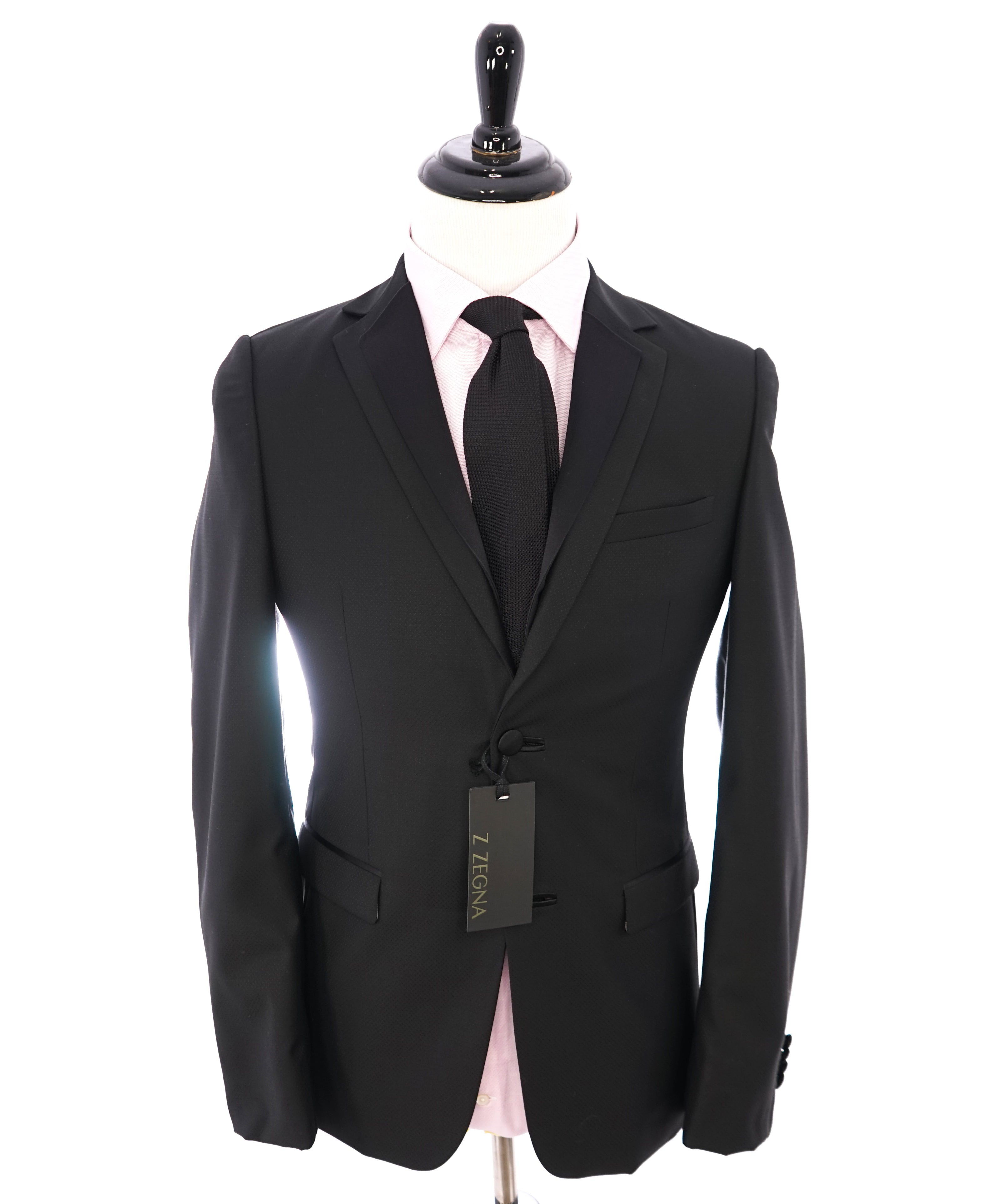 Z ZEGNA - Black Textured Fabric W Silk Lapel Drop 8 Wool Tuxedo Suit - 36R