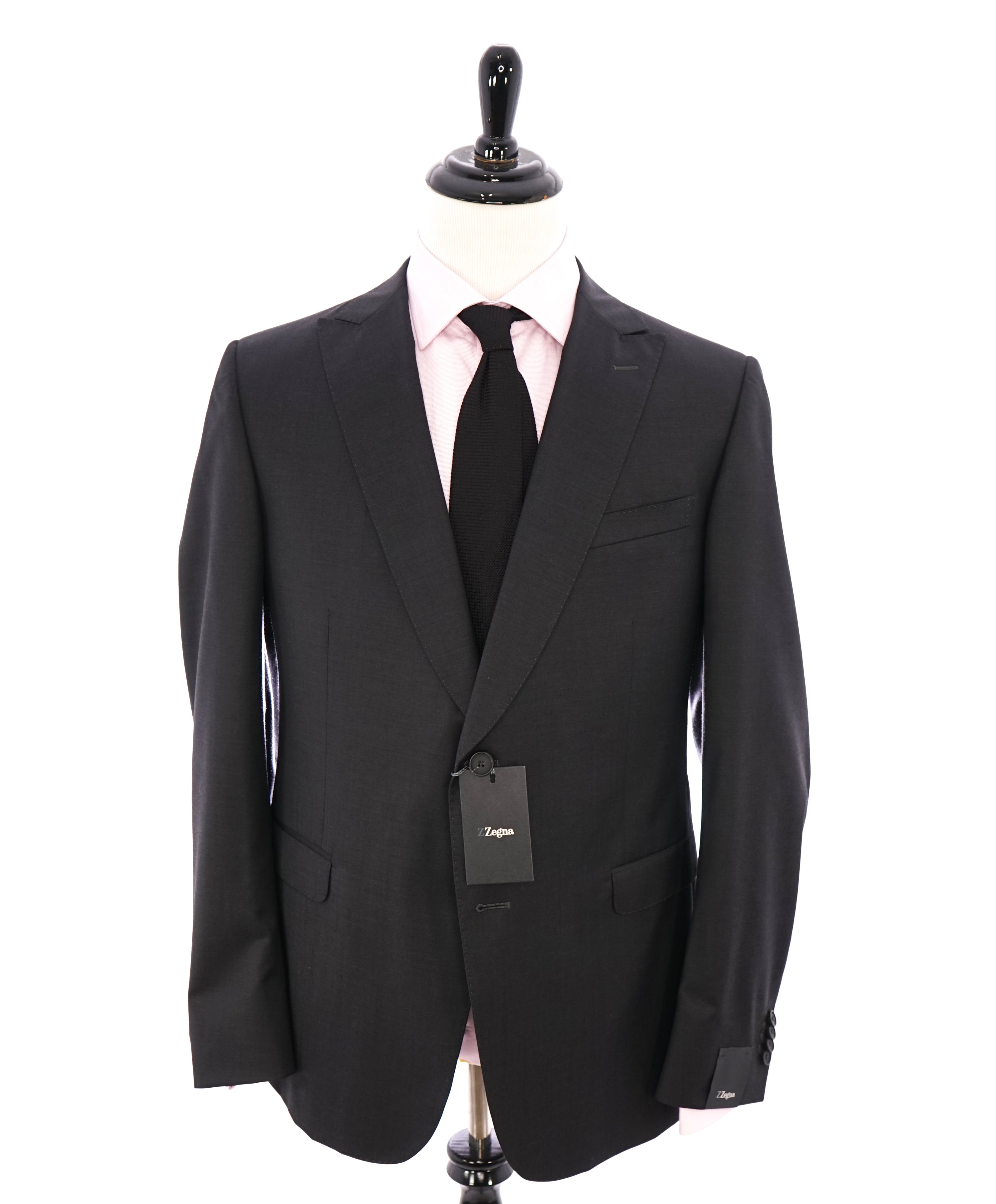 Z ZEGNA - SLIM Solid Gray Heavy Pick Stitch Peak Lapel Suit  - 46R