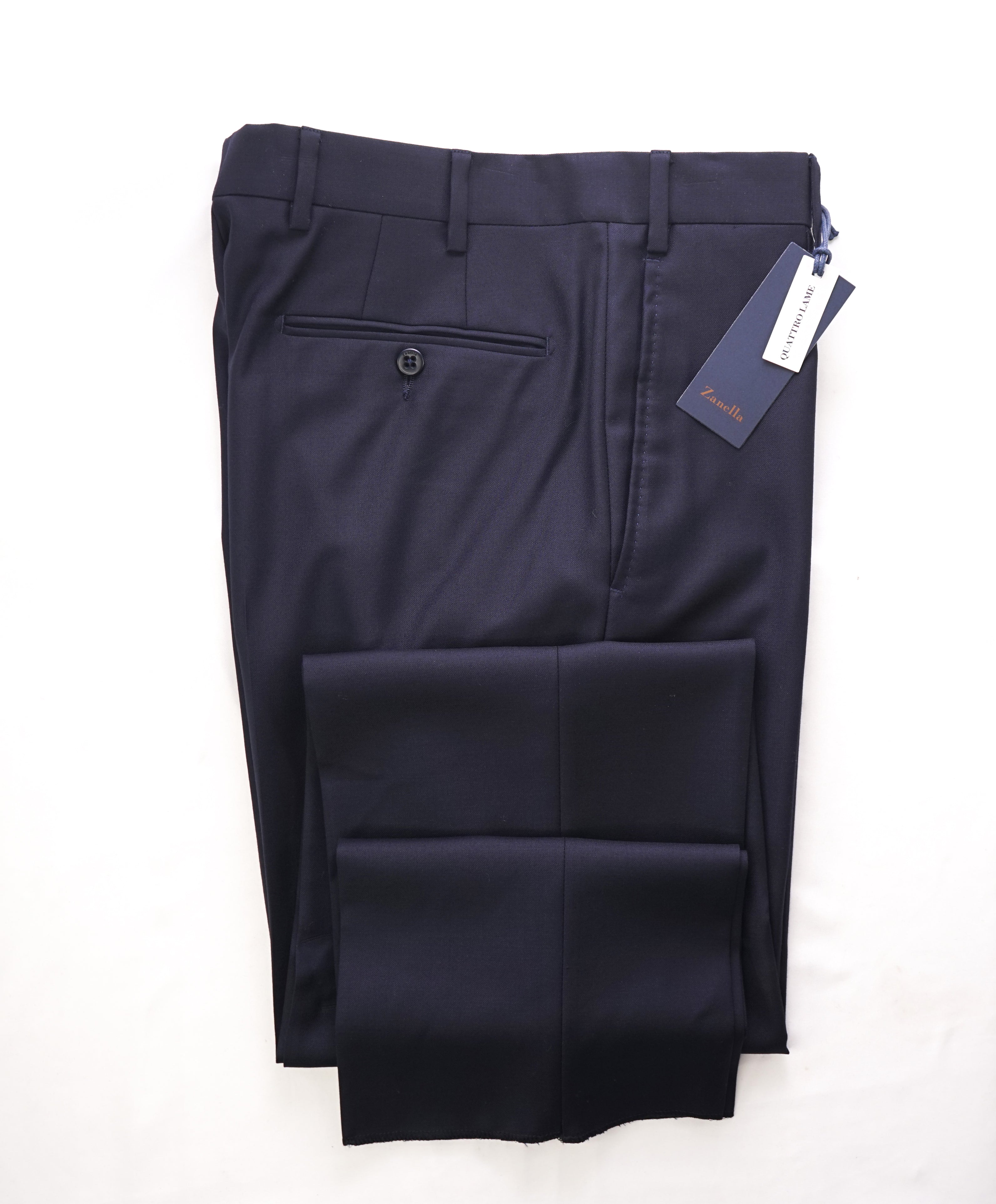 ZANELLA - Solid Navy “DEVON” Wool Flat Front Dress Pants - 30W