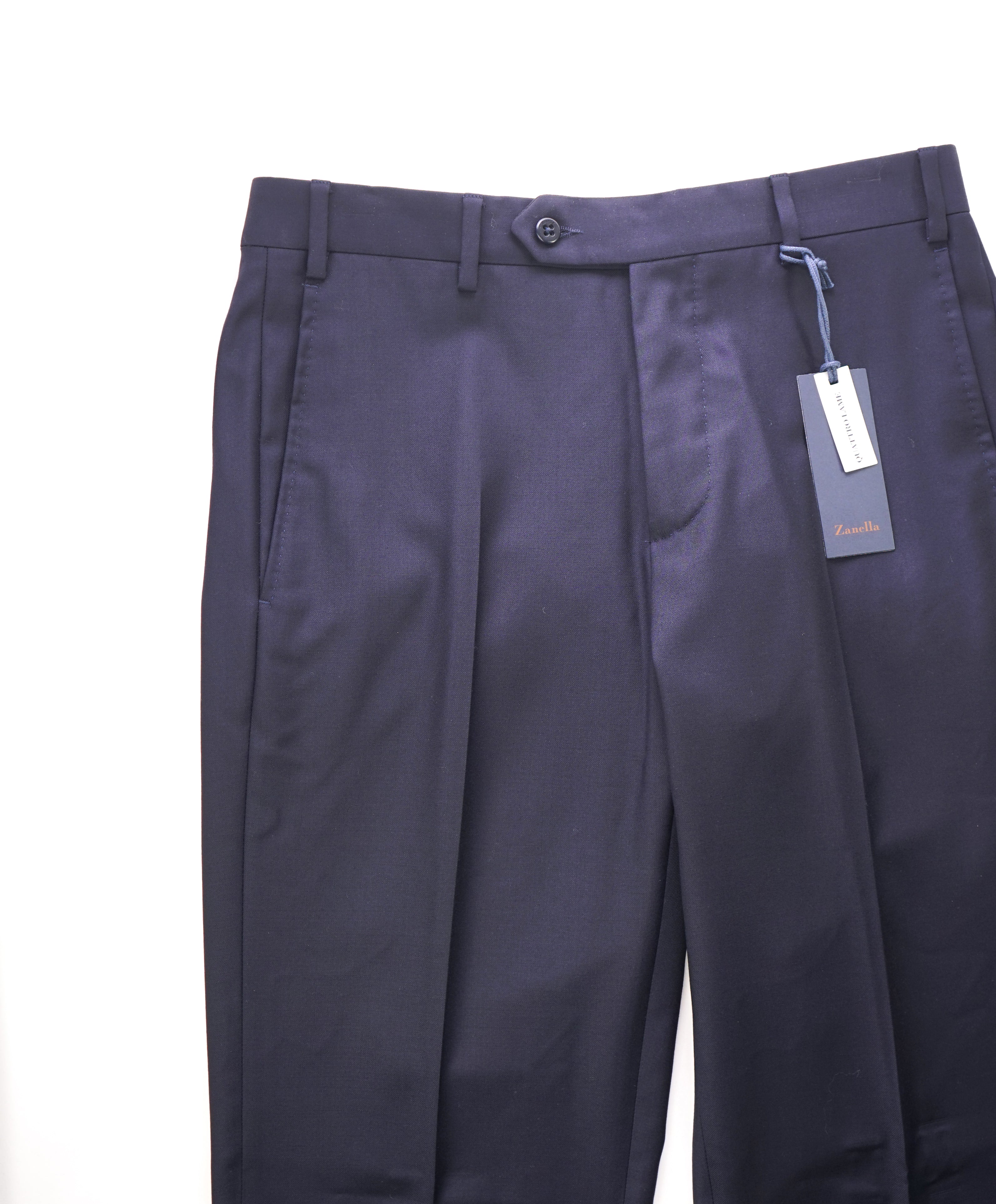 ZANELLA - Solid Navy “DEVON” Wool Flat Front Dress Pants - 30W