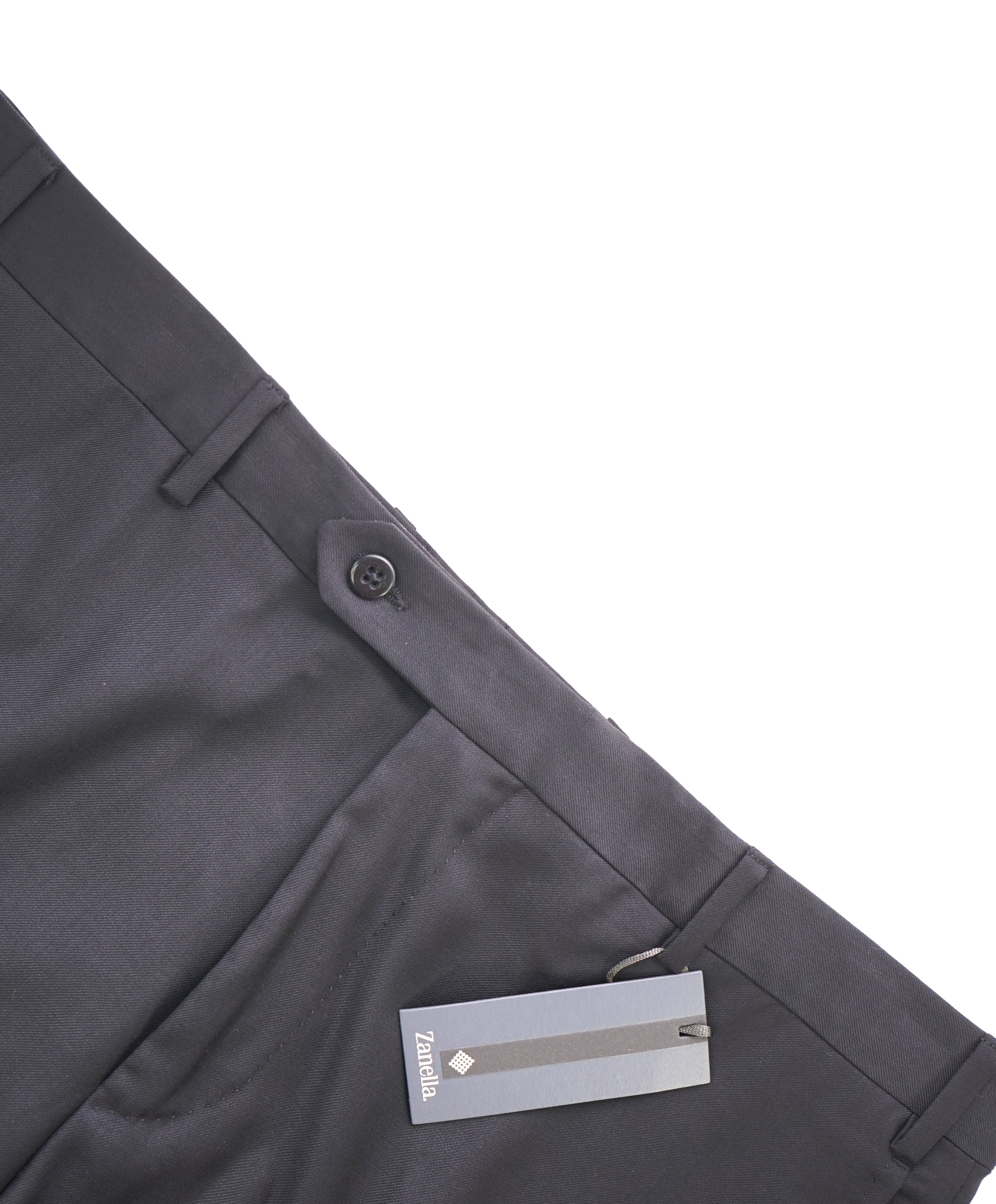 ZANELLA - Solid Black “DEVON” Wool Flat Front Dress Pants - 38W