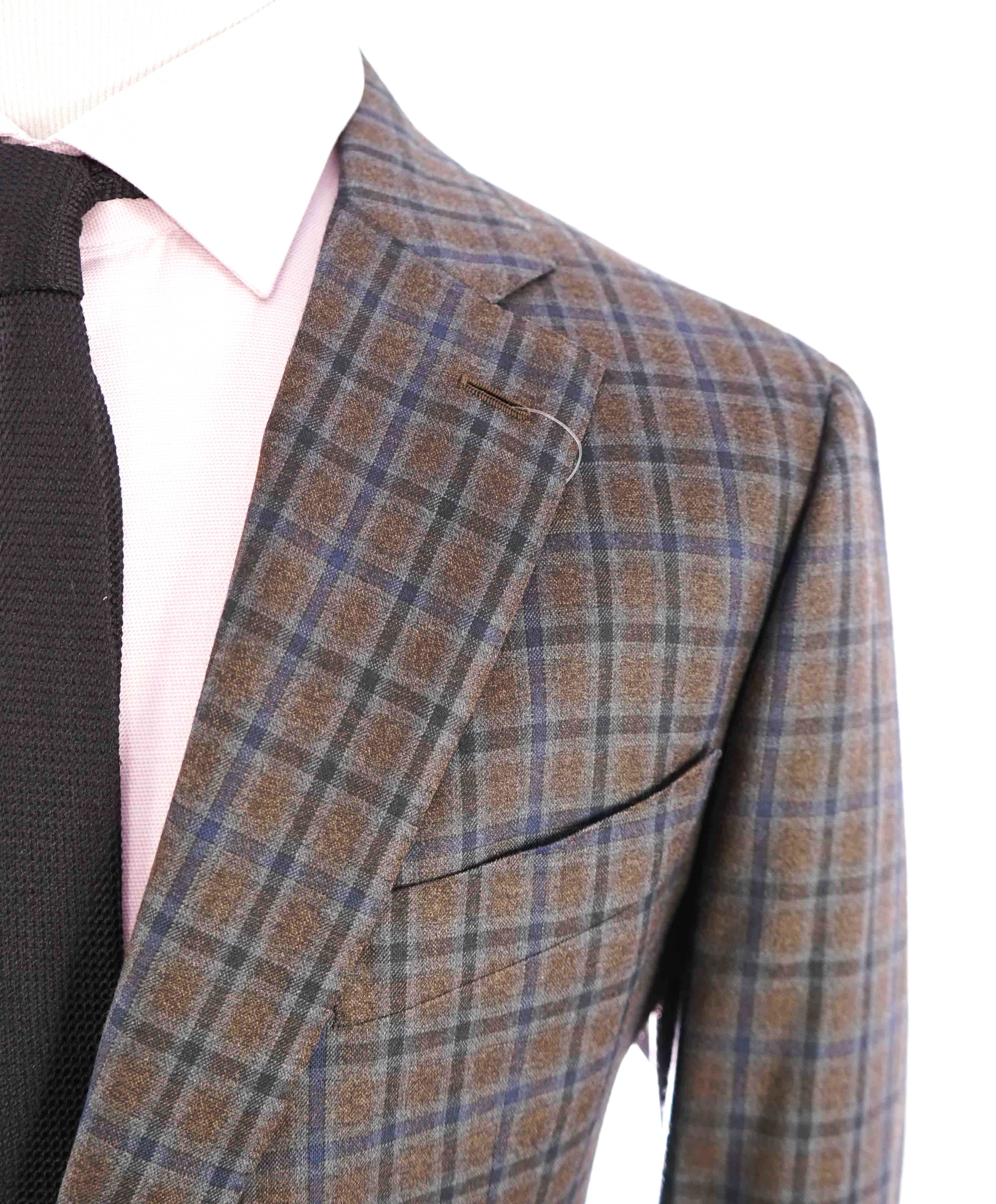 $2,995 ISAIA - PURE WOOL PREMIUM Blue & Brown Check Blazer - 46R