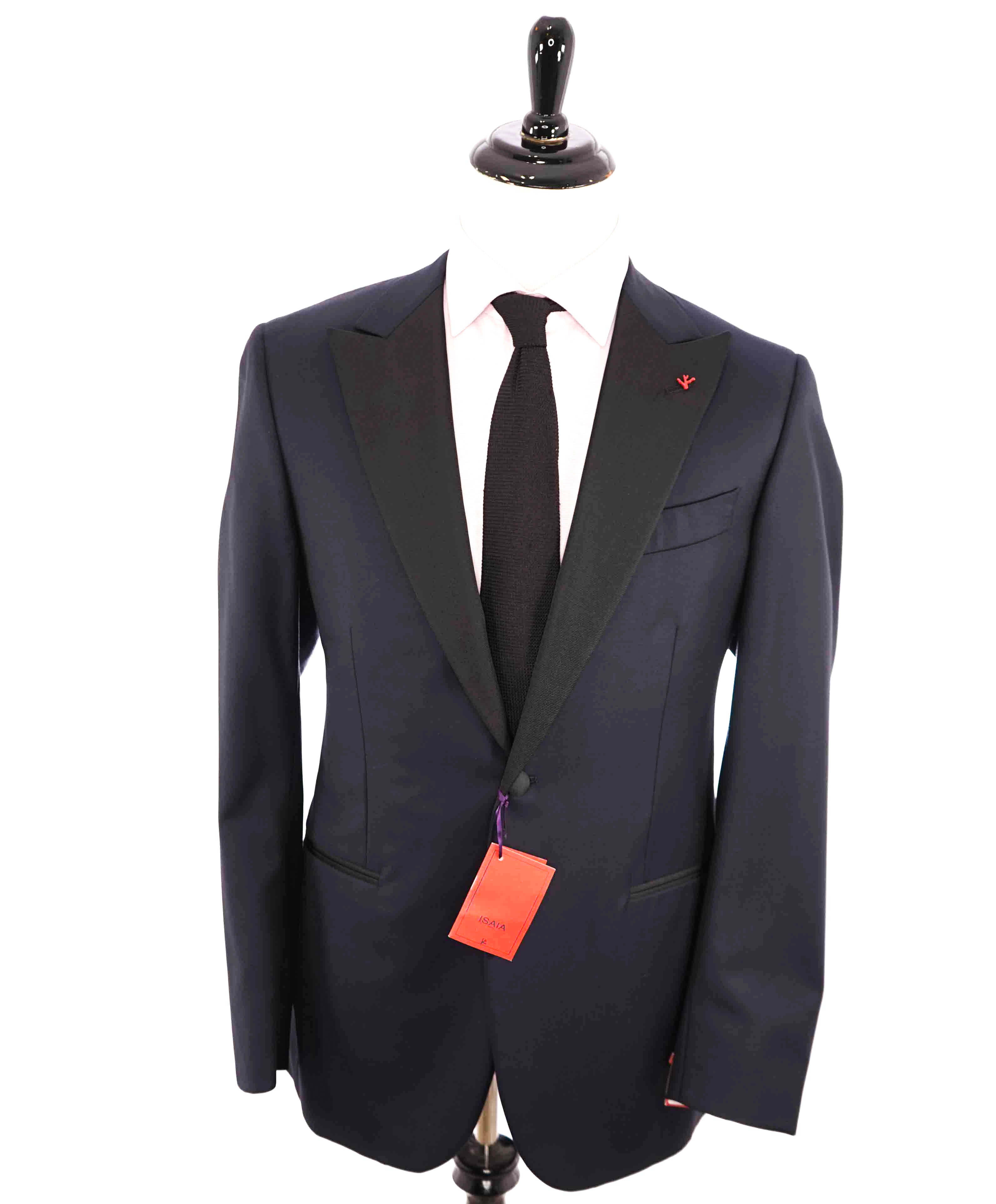 $4,595 ISAIA - "AQUASPIDER" Satin PEAK LAPEL Navy Blue Wool Tuxedo - 42L