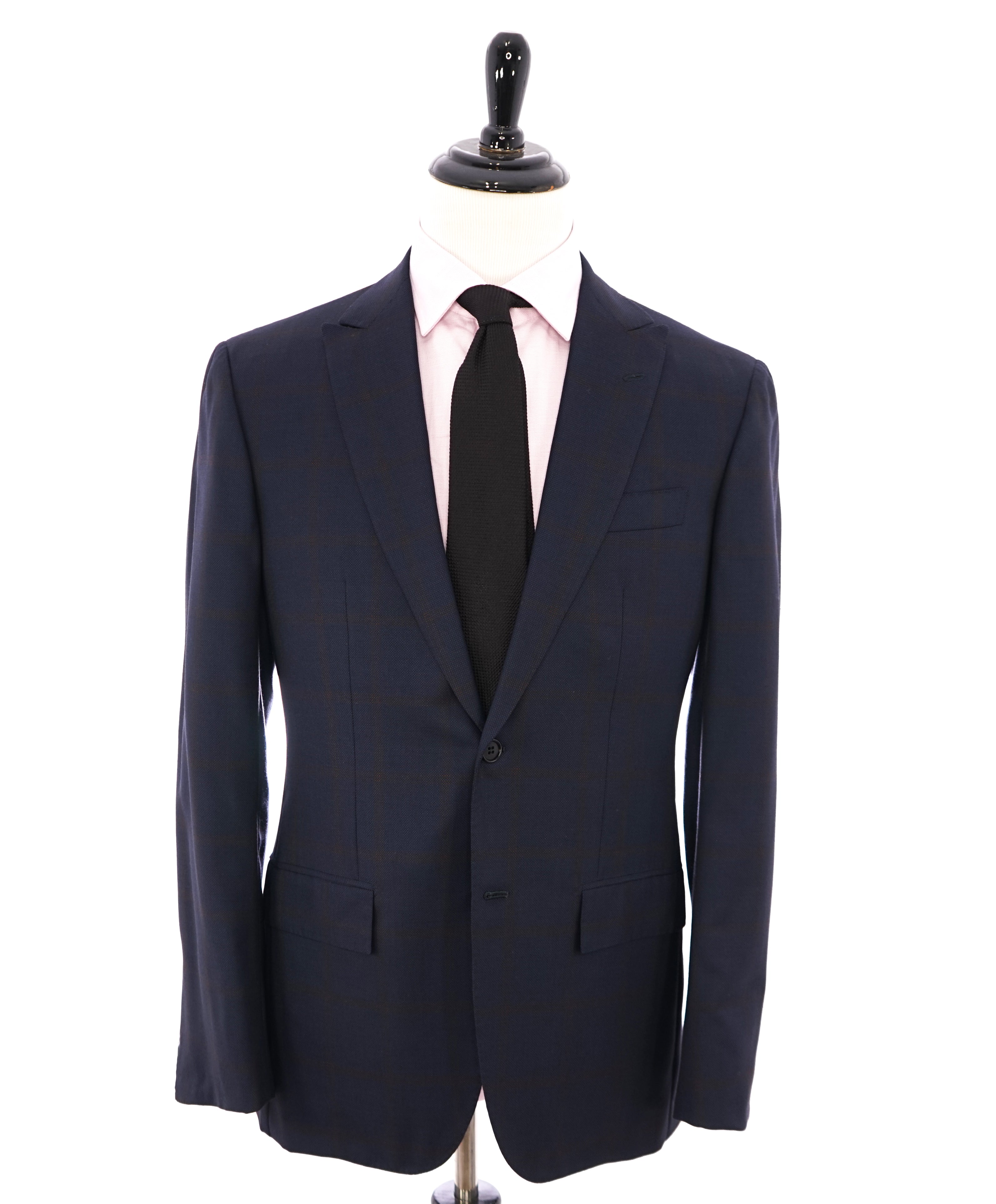 KITON - "14 Microns" Orange Windowpane Peak Lapel Navy Suit - 42R