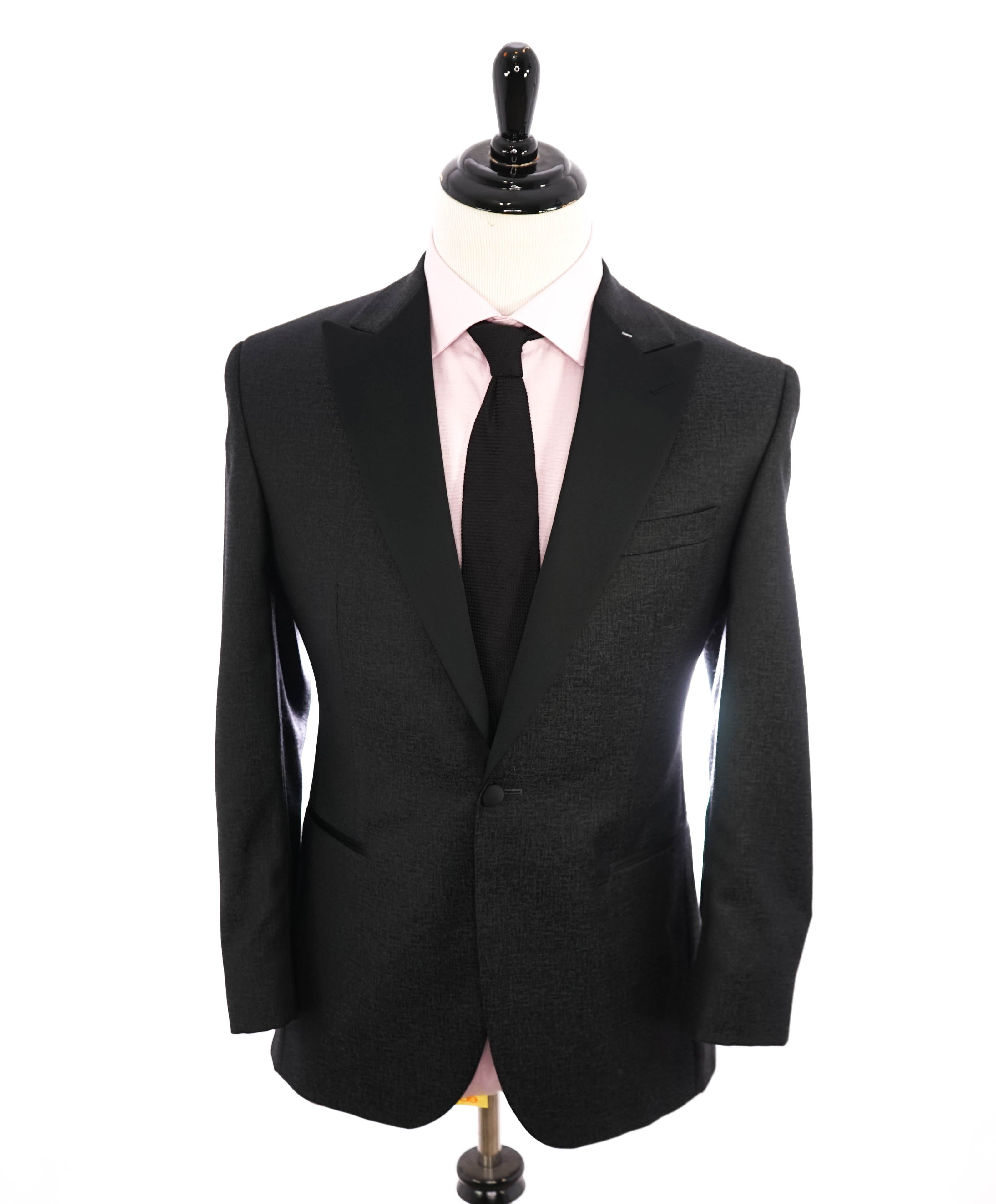 SAKS FIFTH AVENUE - Black on Black Textured Satin Lapel Dinner Jacket Blazer - 40R