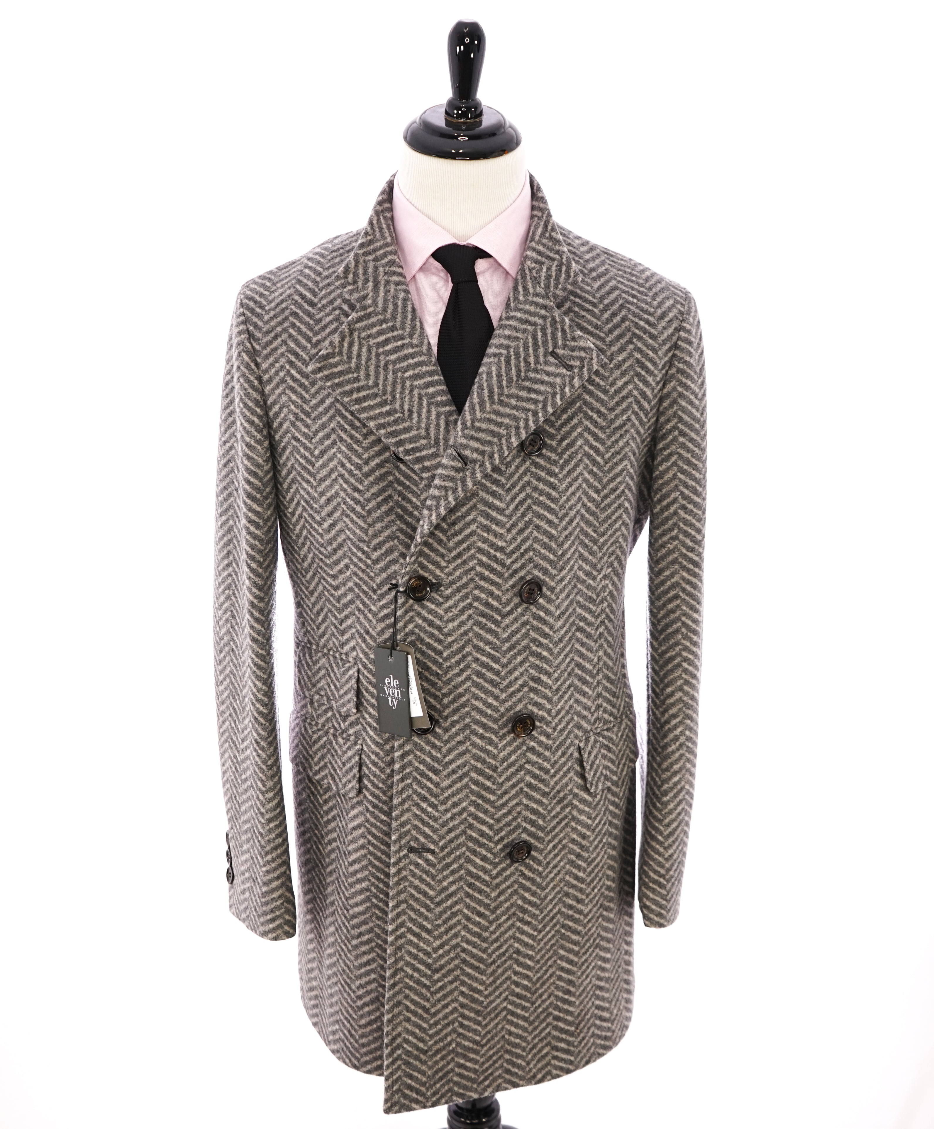 ELEVENTY - Gray & Camel Herringbone Double Breasted Overcoat - 44