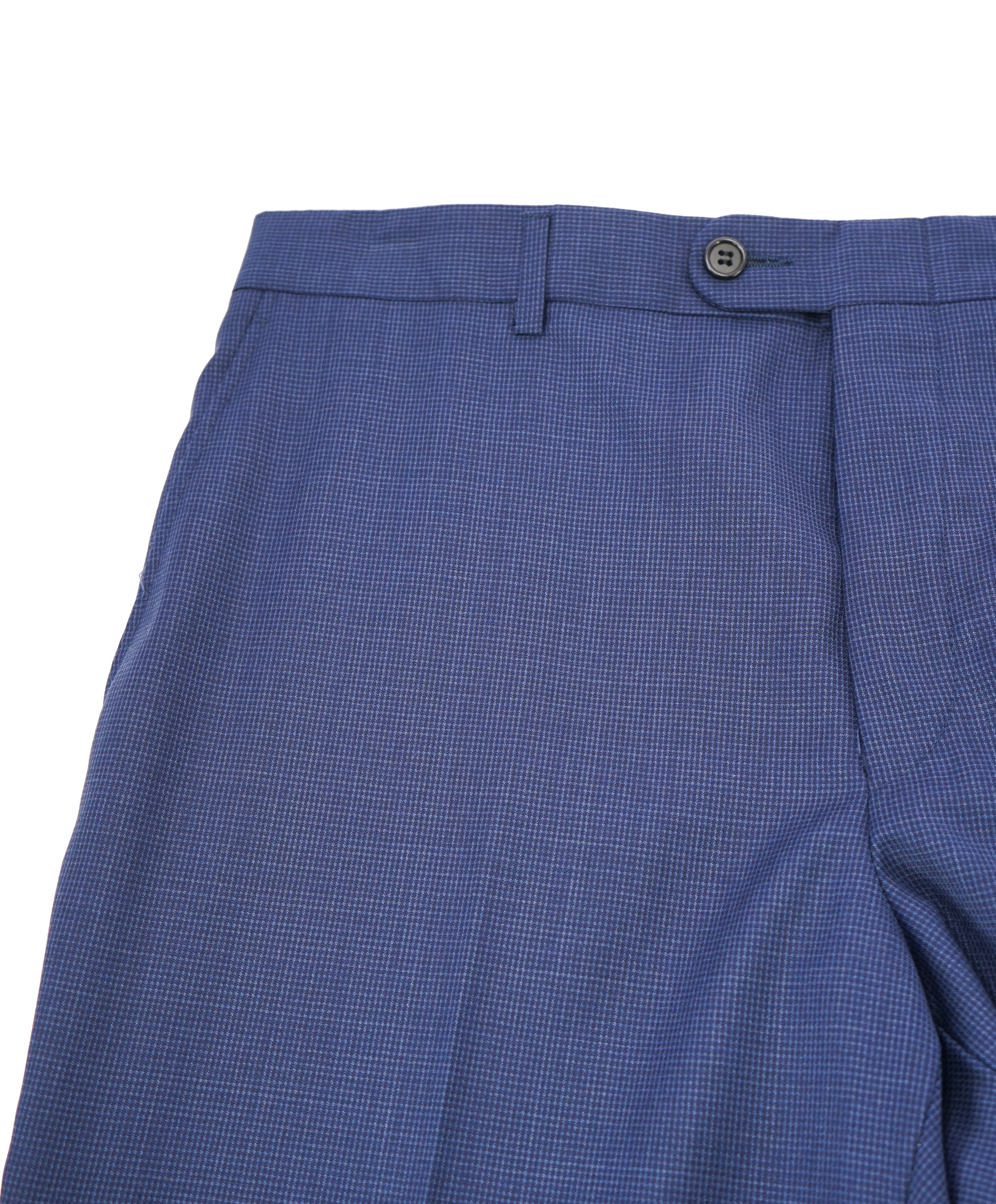 HICKEY FREEMAN -  Blue MicroCheck Plaid Wool Flat Front Dress Pants - 36W