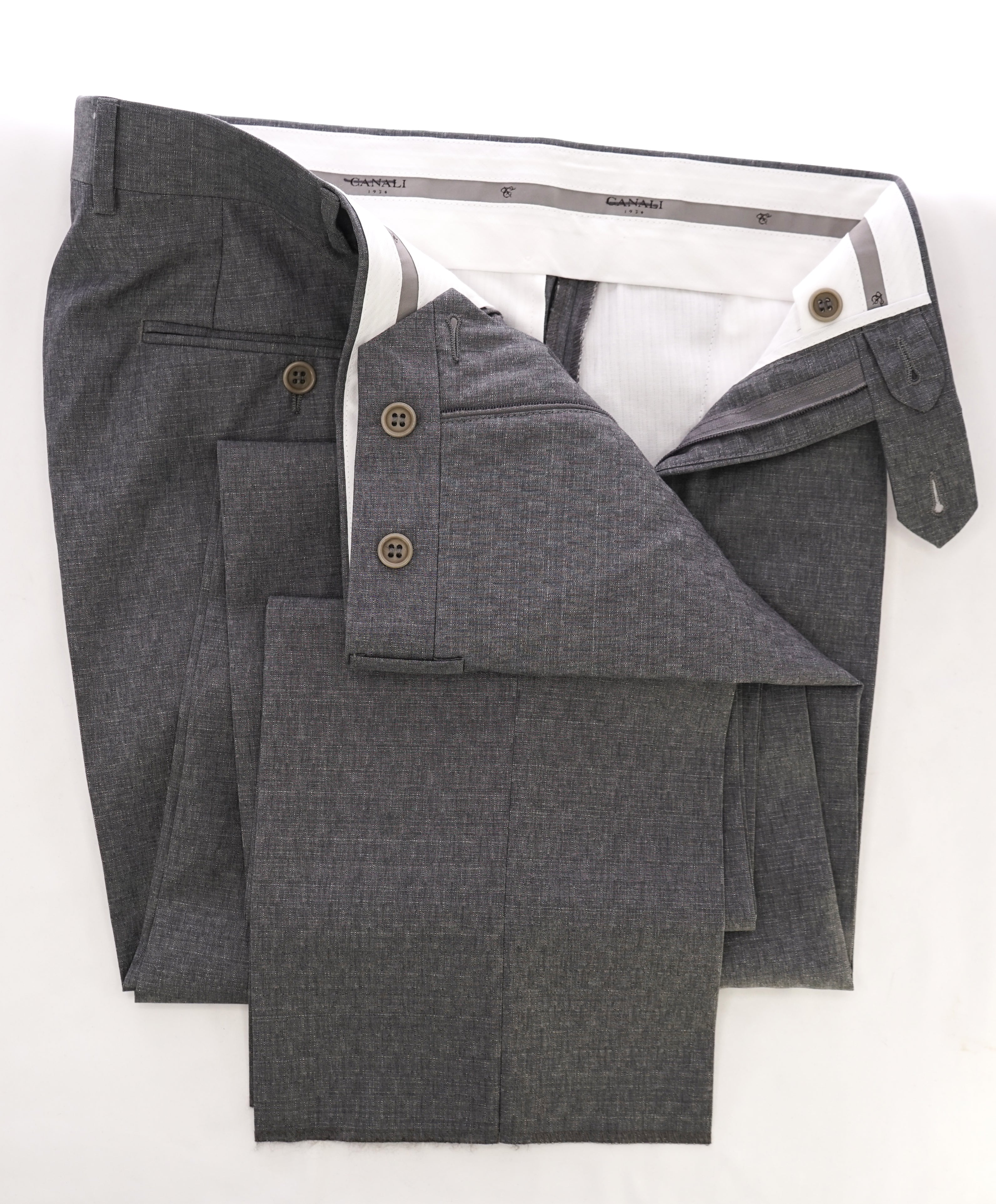 CANALI - Gray Geometric Squares Pattern Flat Front Dress Pants - 36W