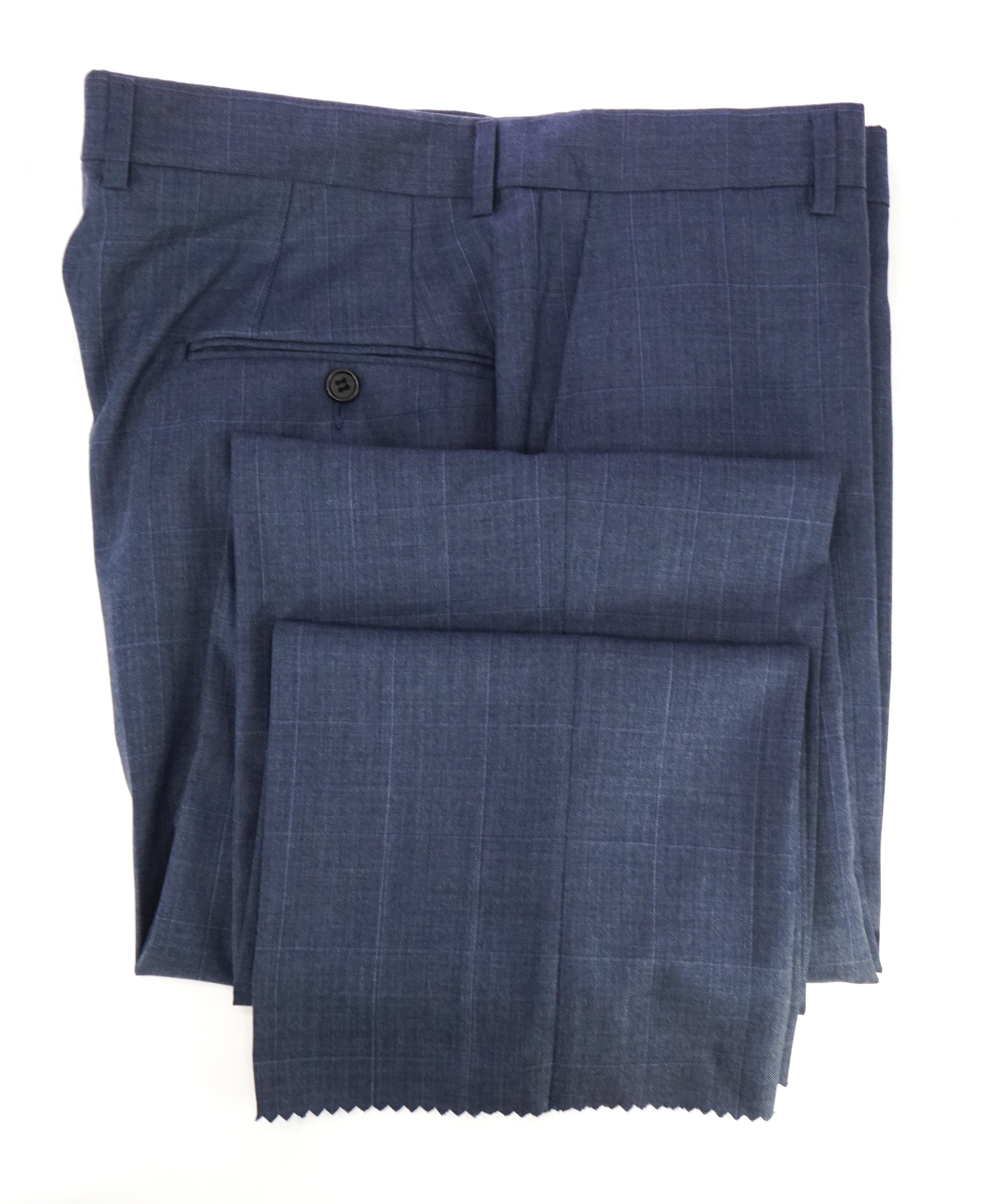 HICKEY FREEMAN - Pastel Blue Windowpane Plaid Wool Flat Front Dress Pants - 36W