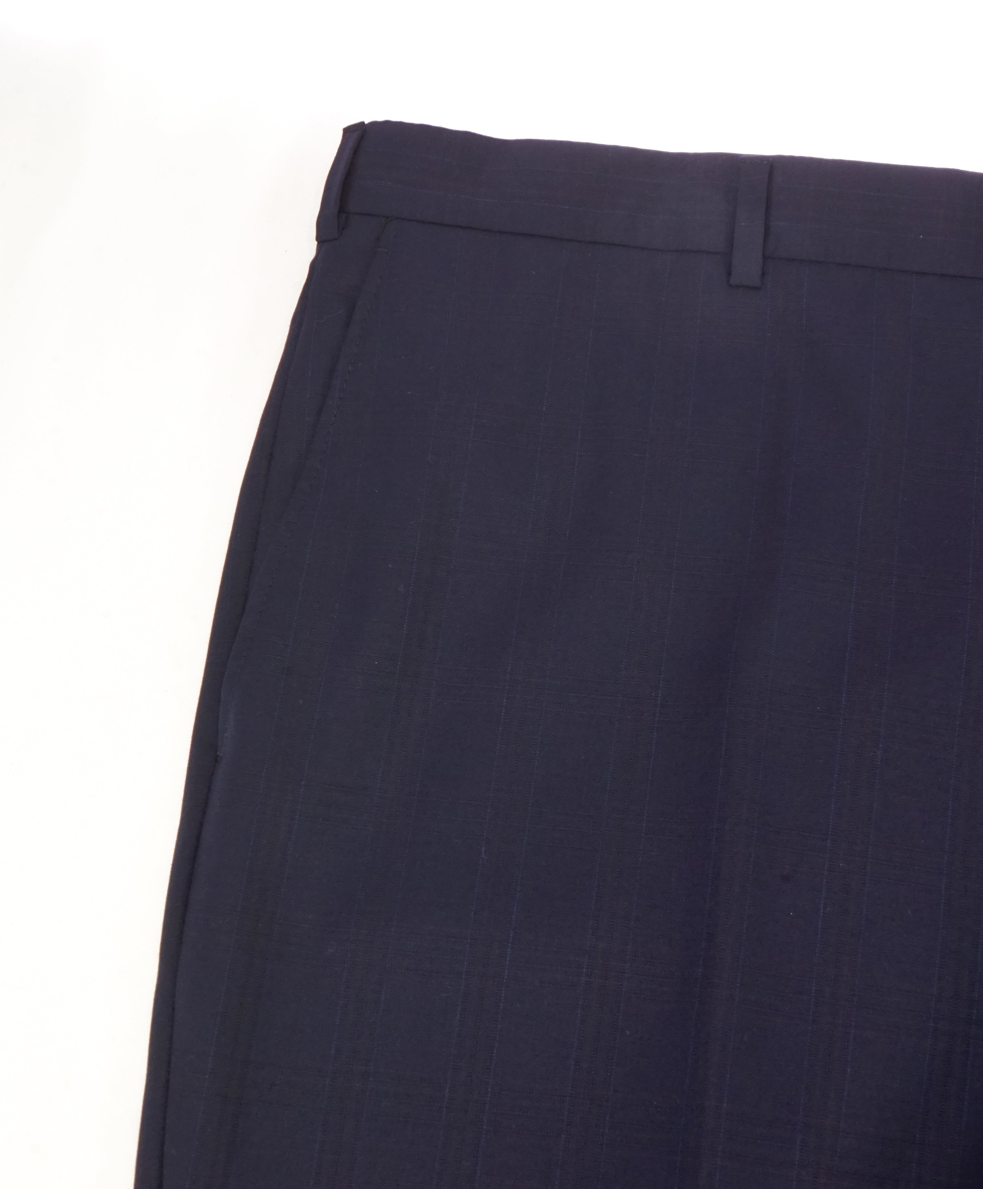 HICKEY FREEMAN - Navy Multi Colored Plaid Wool Flat Front Dress Pants - 42W