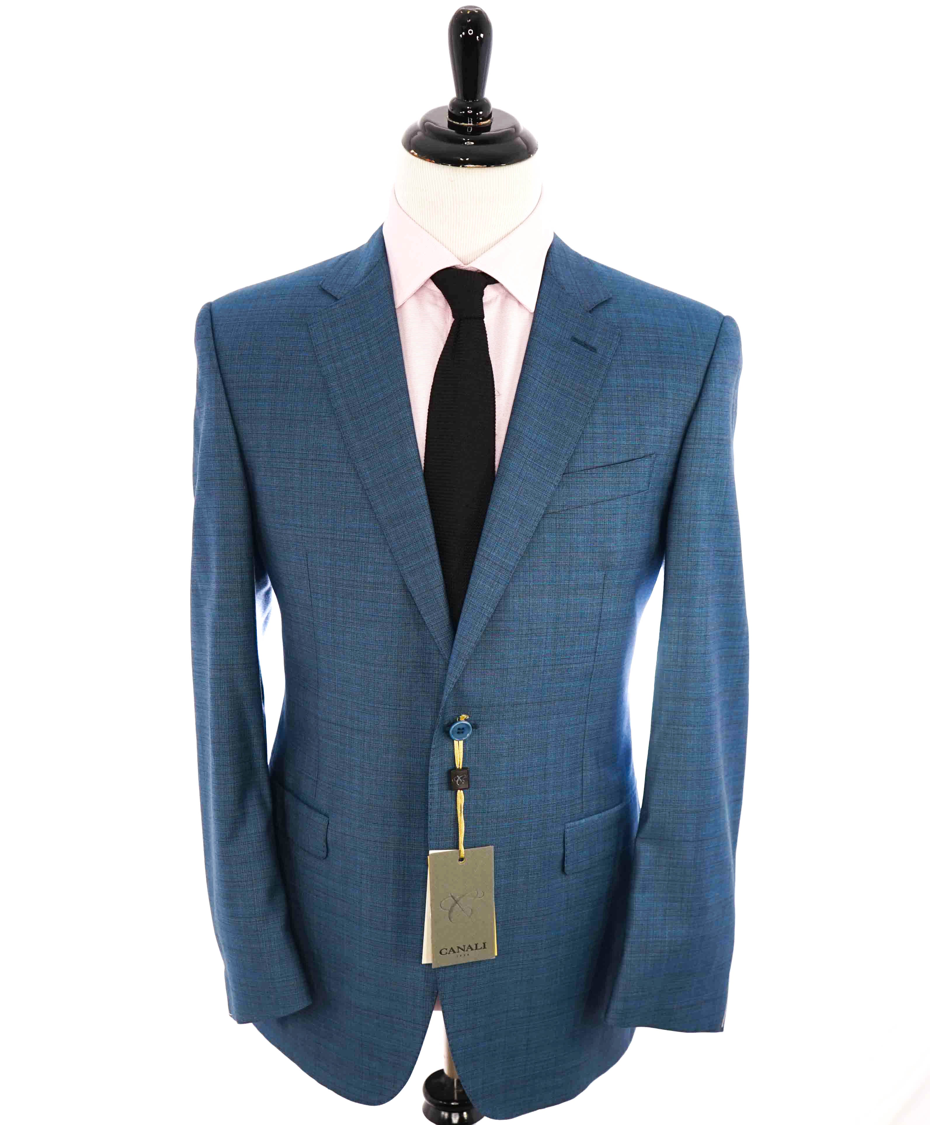 $1,895 CANALI - Teal Blue Abstract Check Wool Blazer - 44R