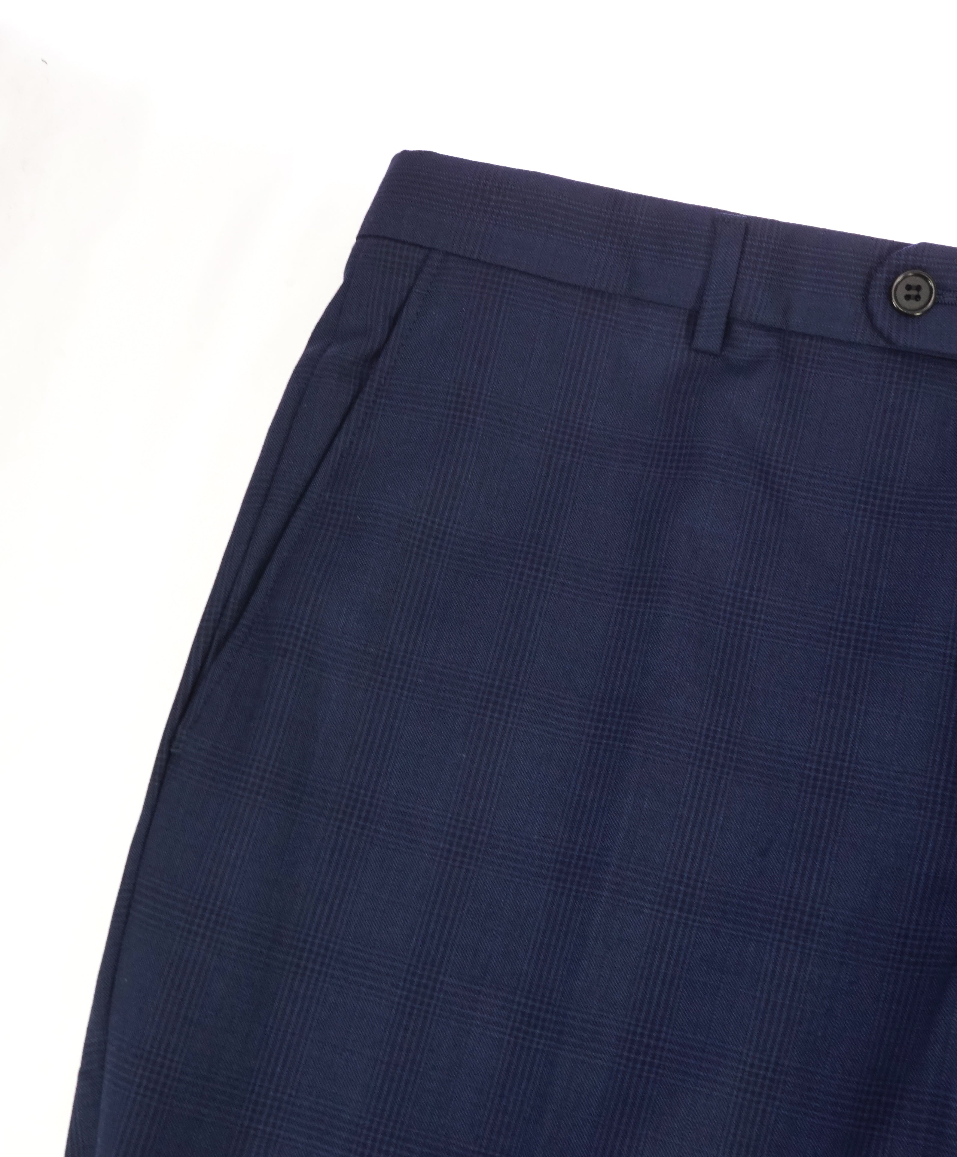 HICKEY FREEMAN - Blue Large Check Plaid Wool Flat Front Dress Pants - 34W