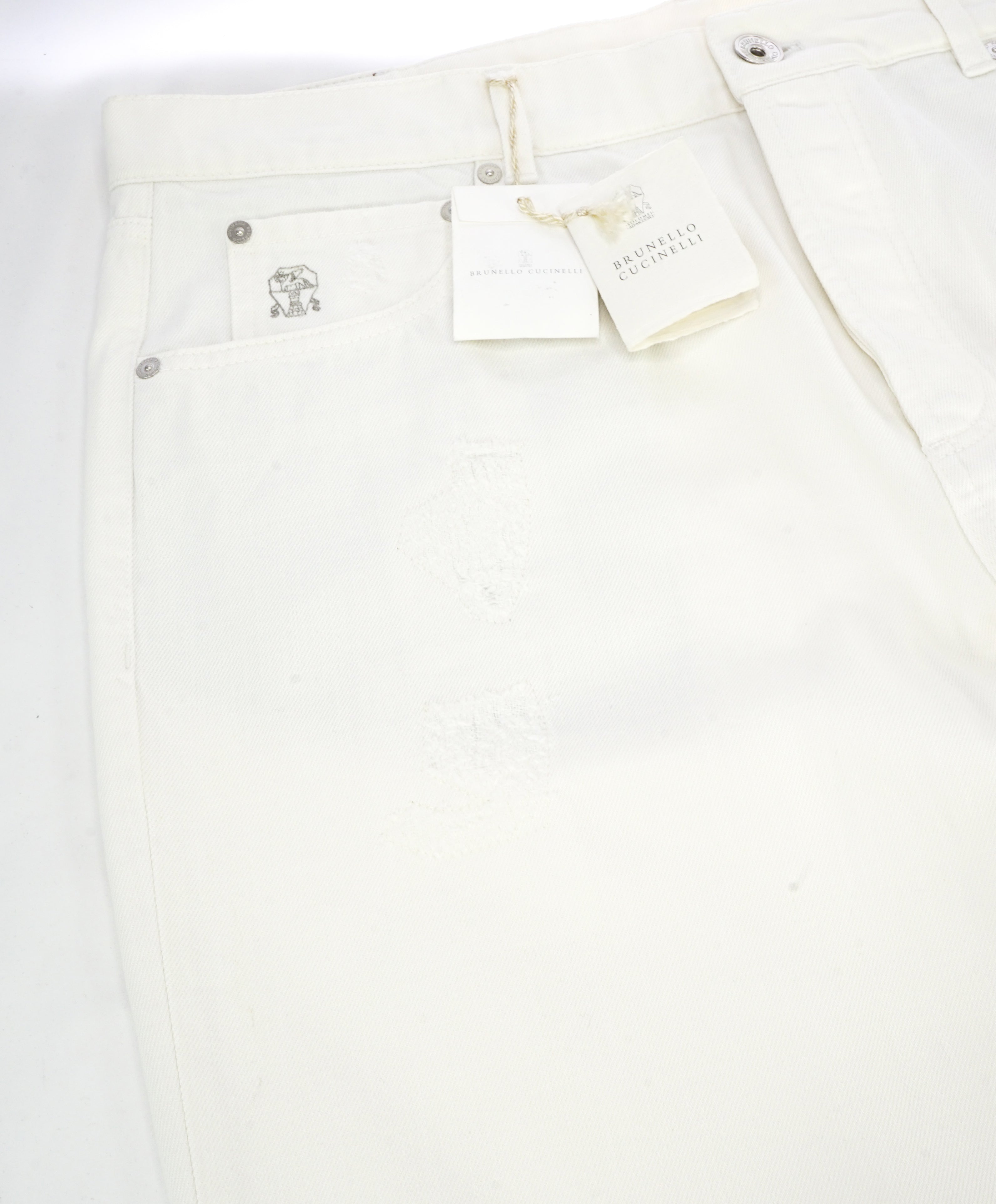 BRUNELLO CUCINELLI - Logo 5-Pocket White Distressed Jeans Leather Tag - 38W