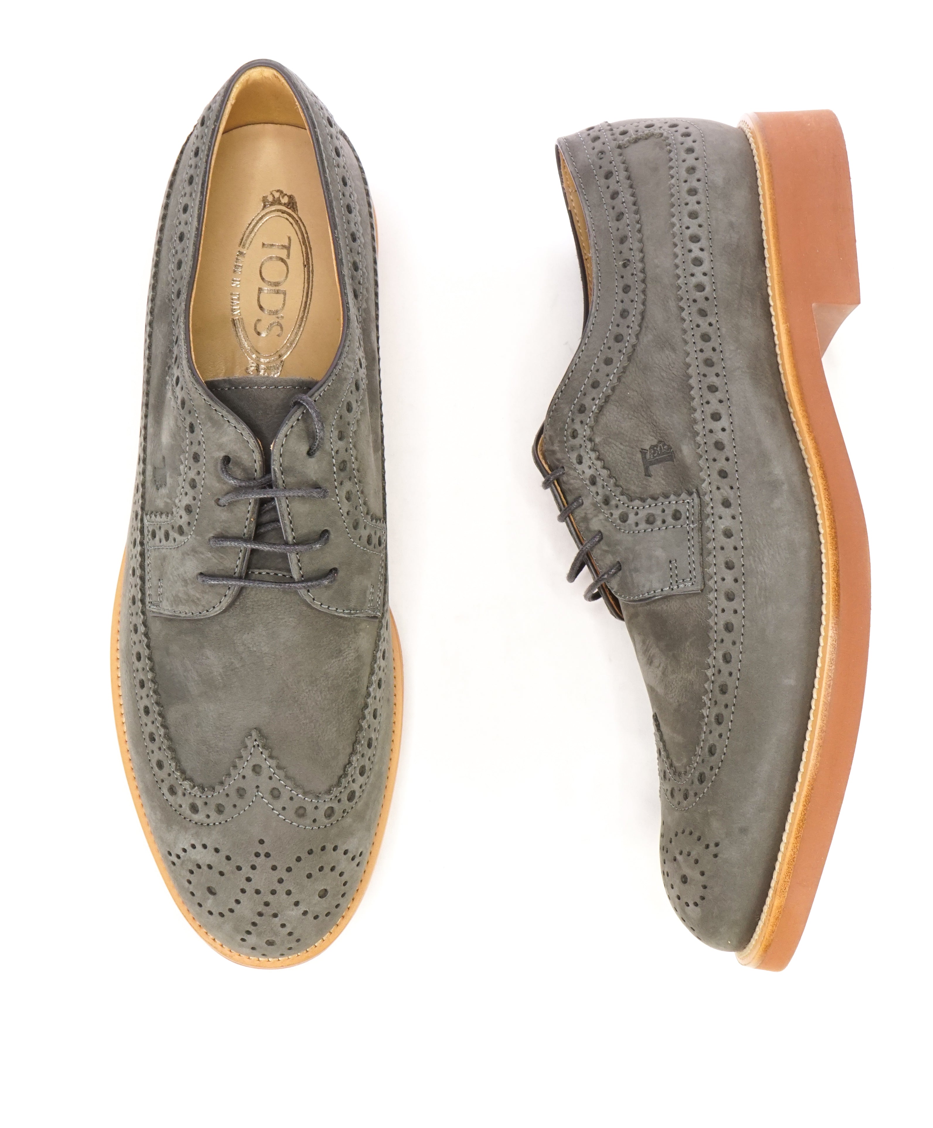 TOD’S - Gray Brogue Wingtip Suede Oxfords W Logo And Contrast Sole - 11US