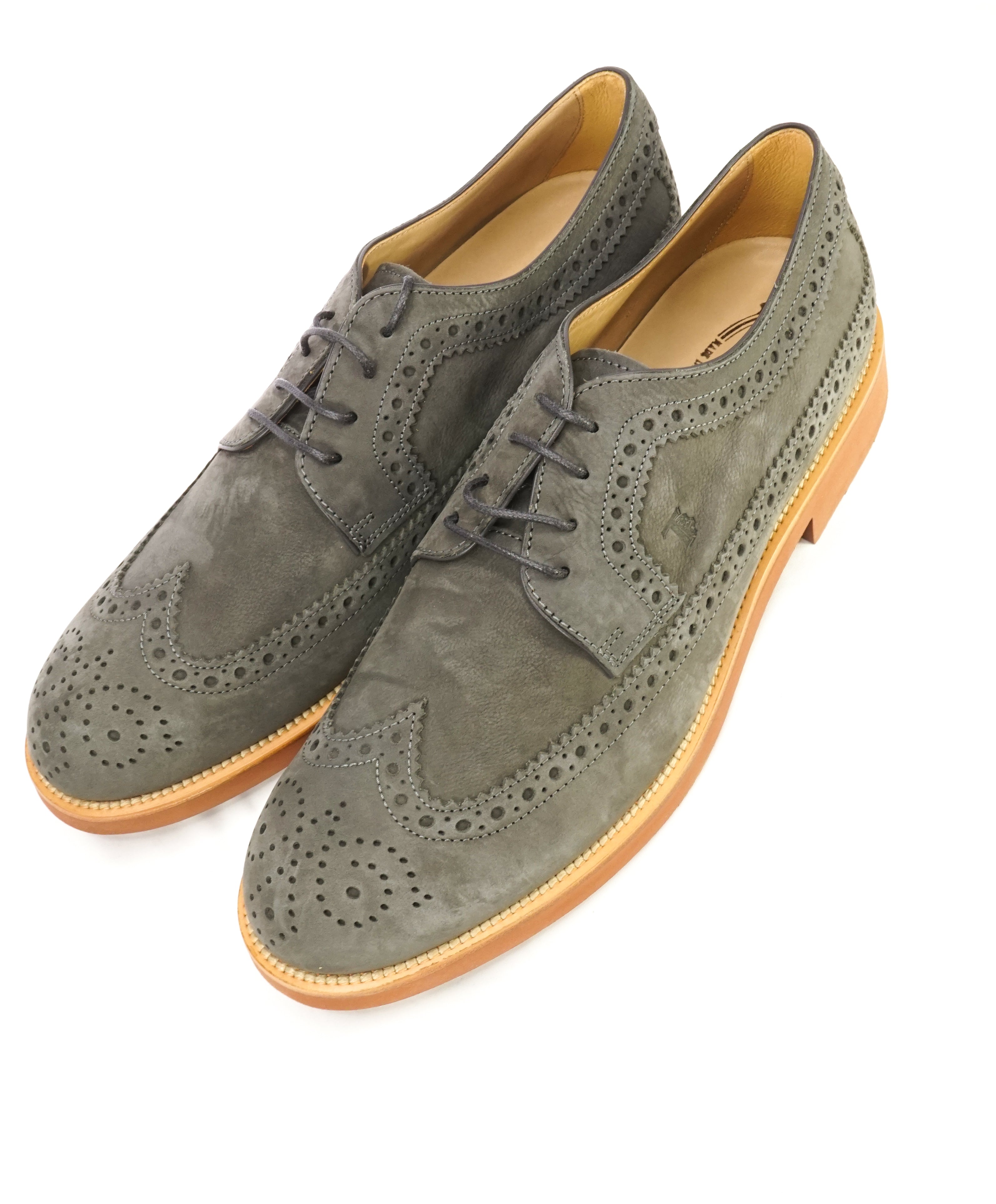 TOD’S - Gray Brogue Wingtip Suede Oxfords W Logo And Contrast Sole - 11US